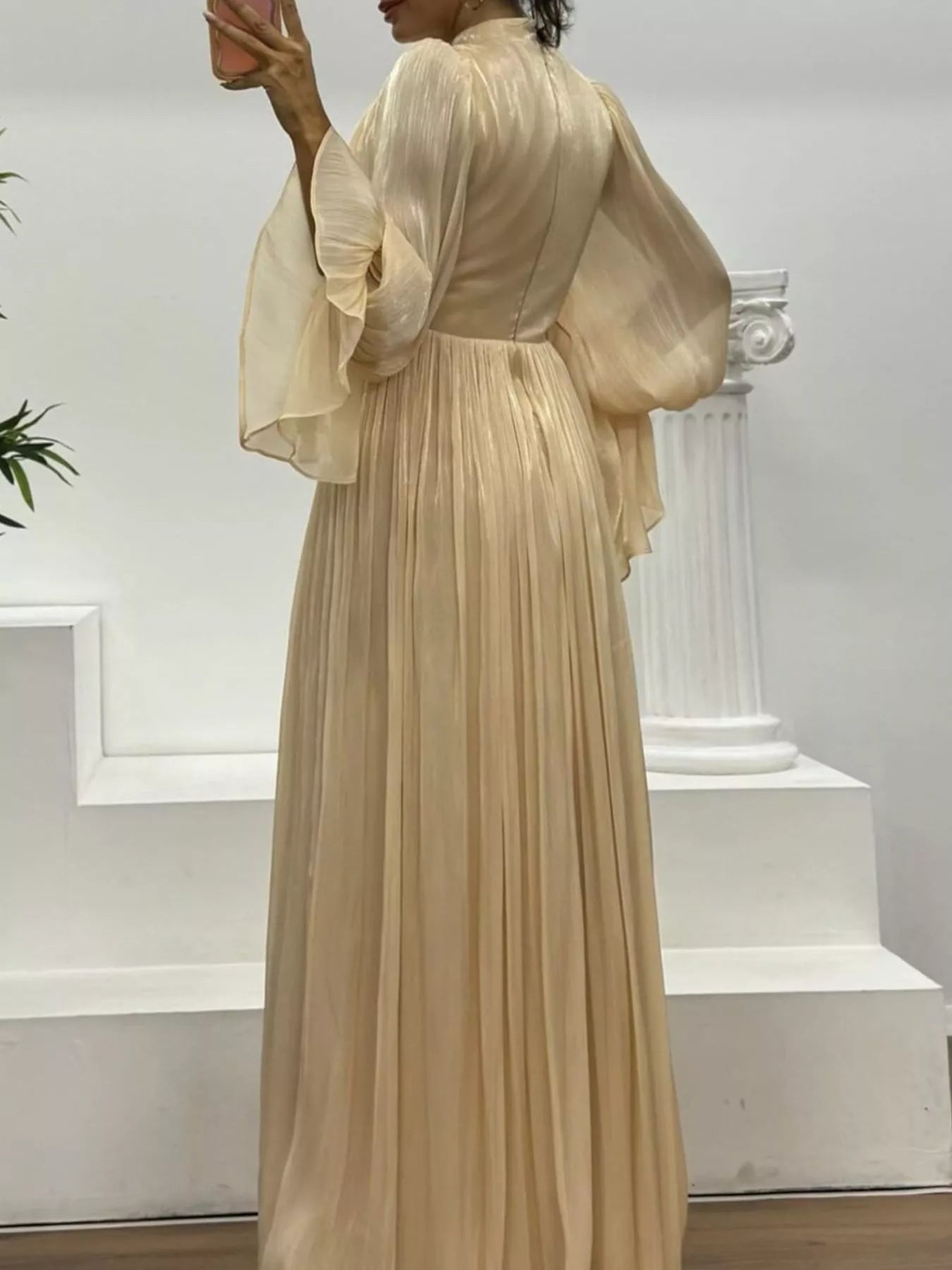 Pleated Mock Neck Long Sleeve Maxi Dress