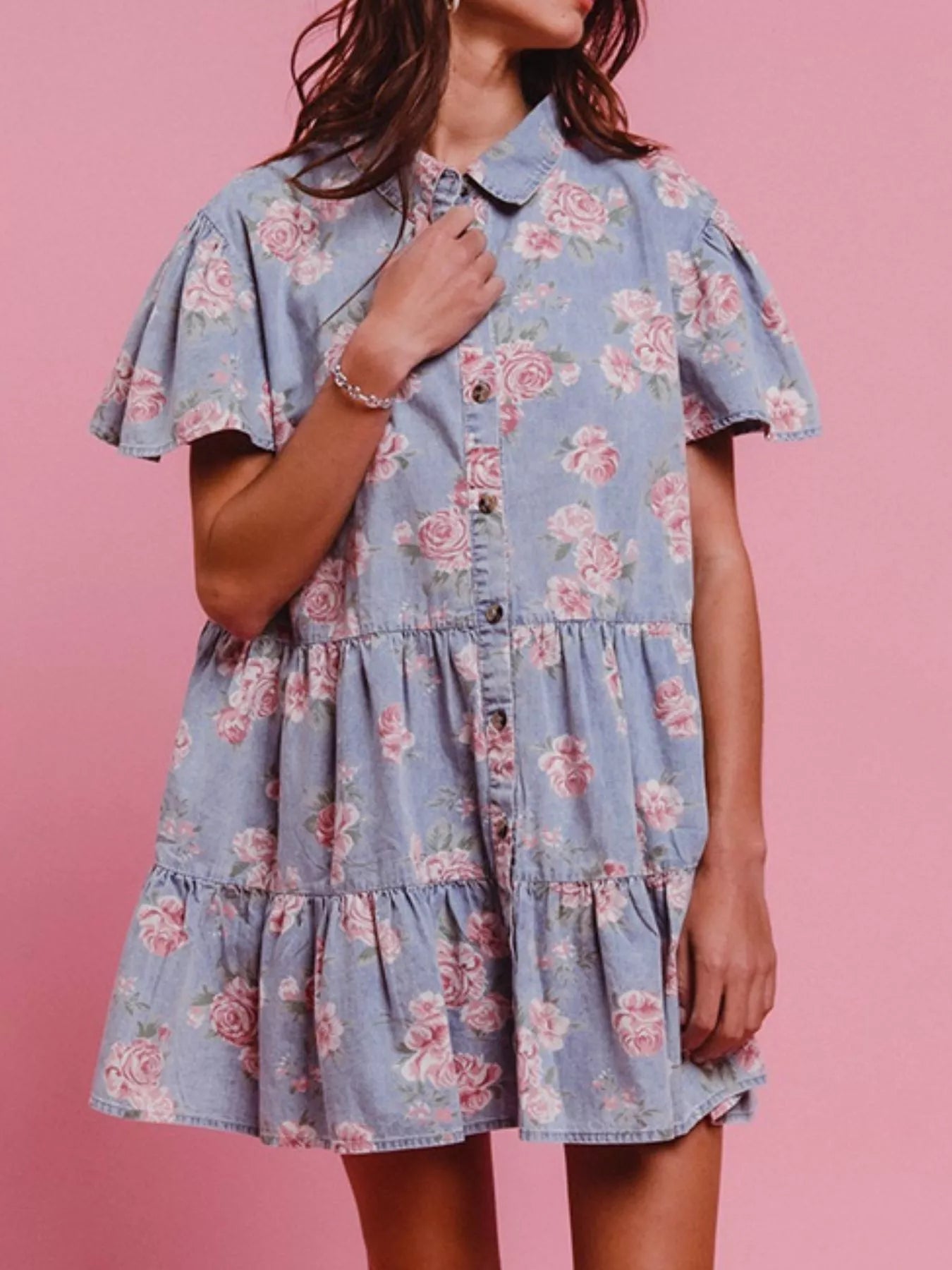 Floral Print Denim Button-Down Tiered Mini Dress