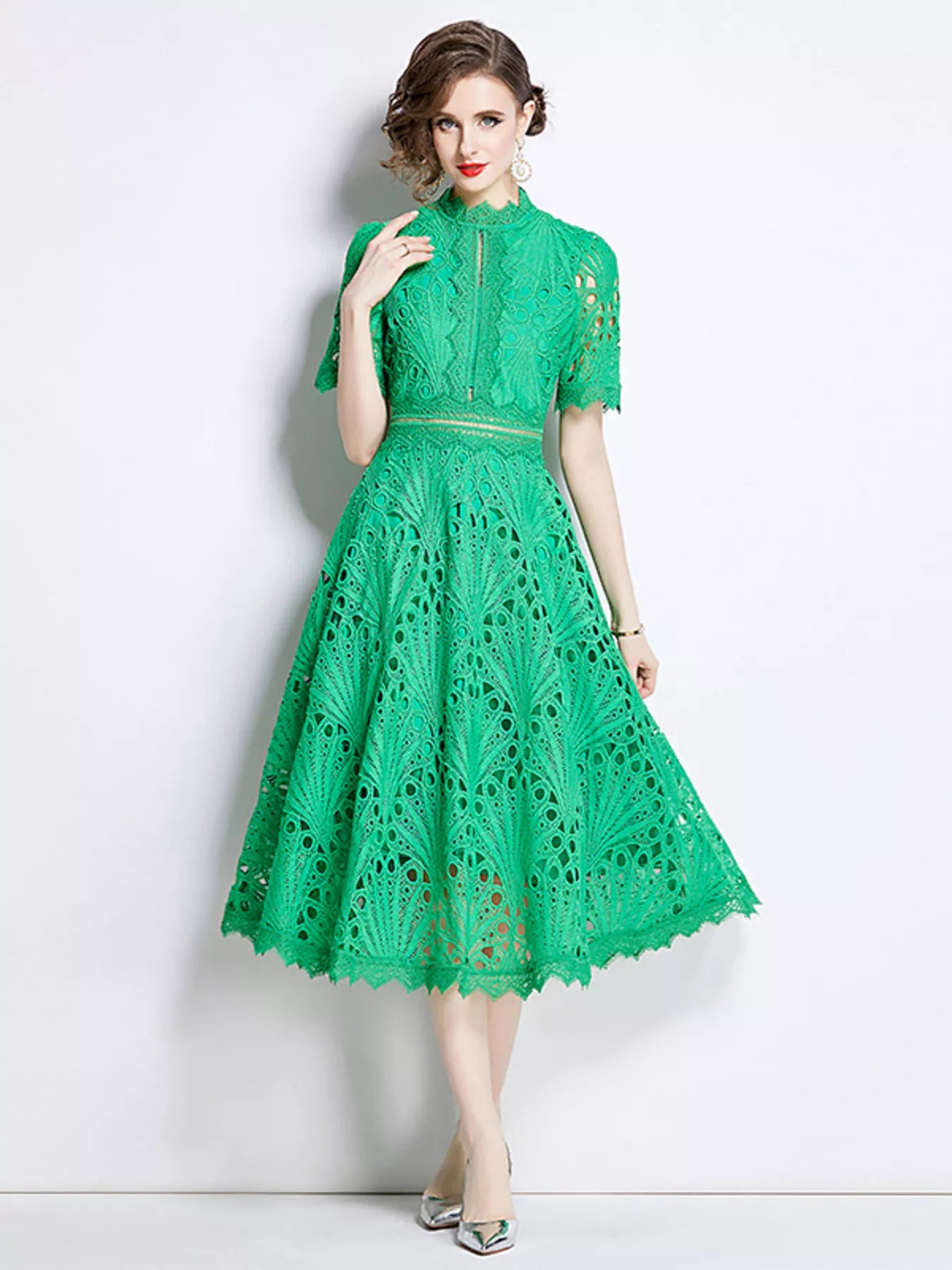 Full Size Lace Short Sleeve Midi Dress Plus Size