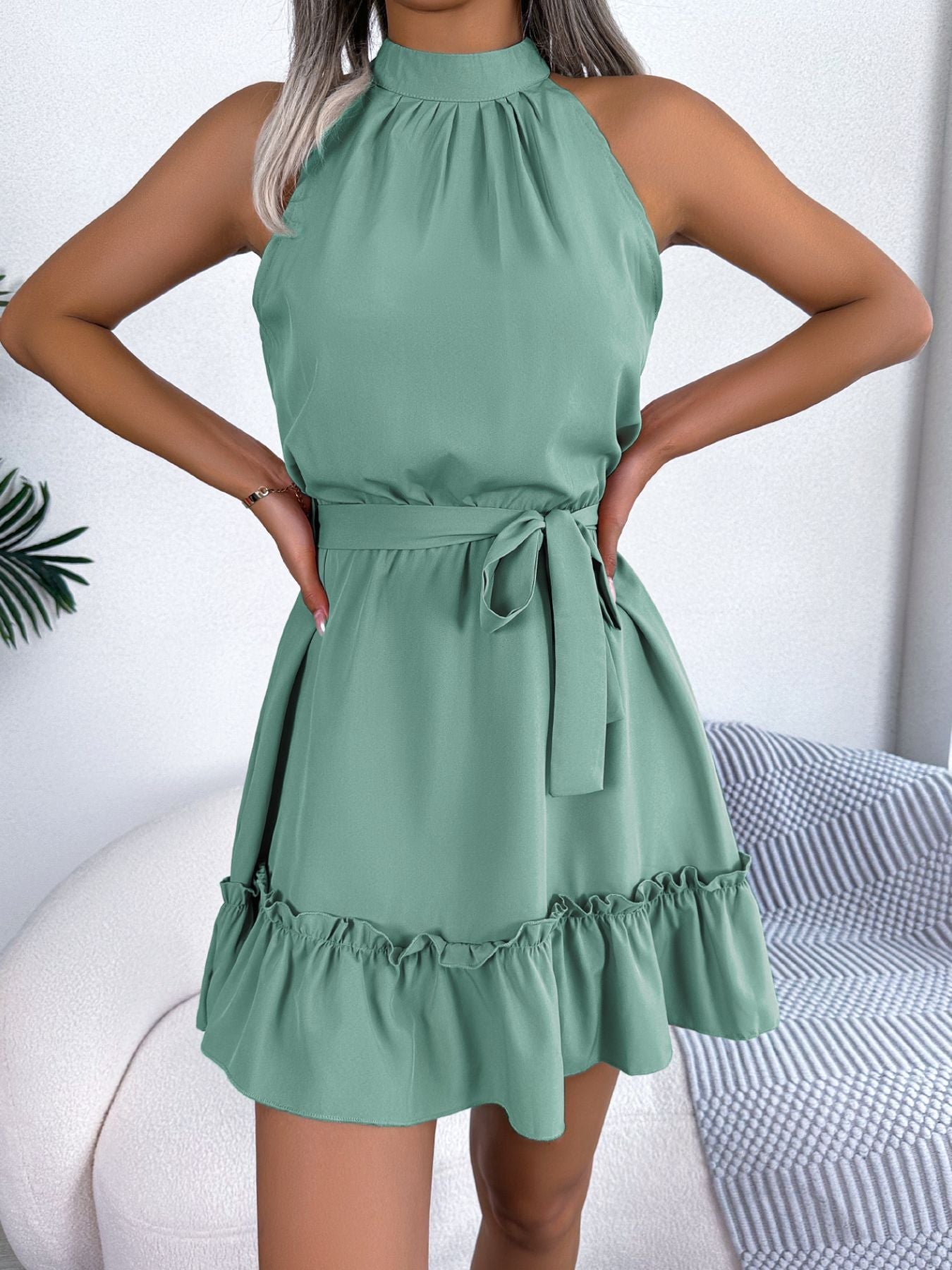 Halter Neck Ruffle Hem A-Line Dress