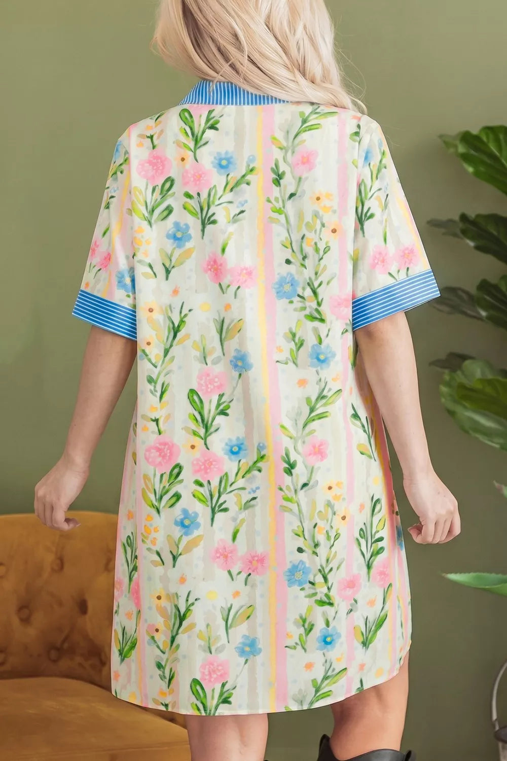 Multicolour Floral Print Striped Trim Button Down Shift Dress