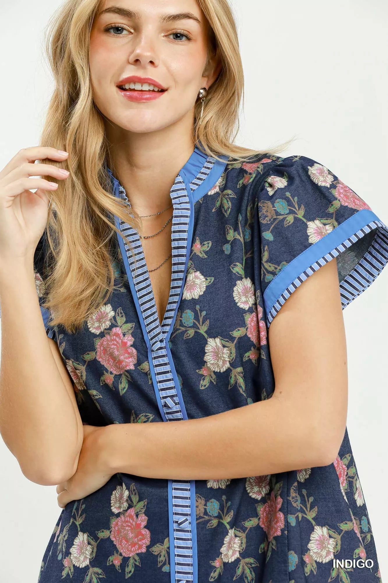 Umgee Floral Contrast Trim Ruffle Hem Mini Dress
