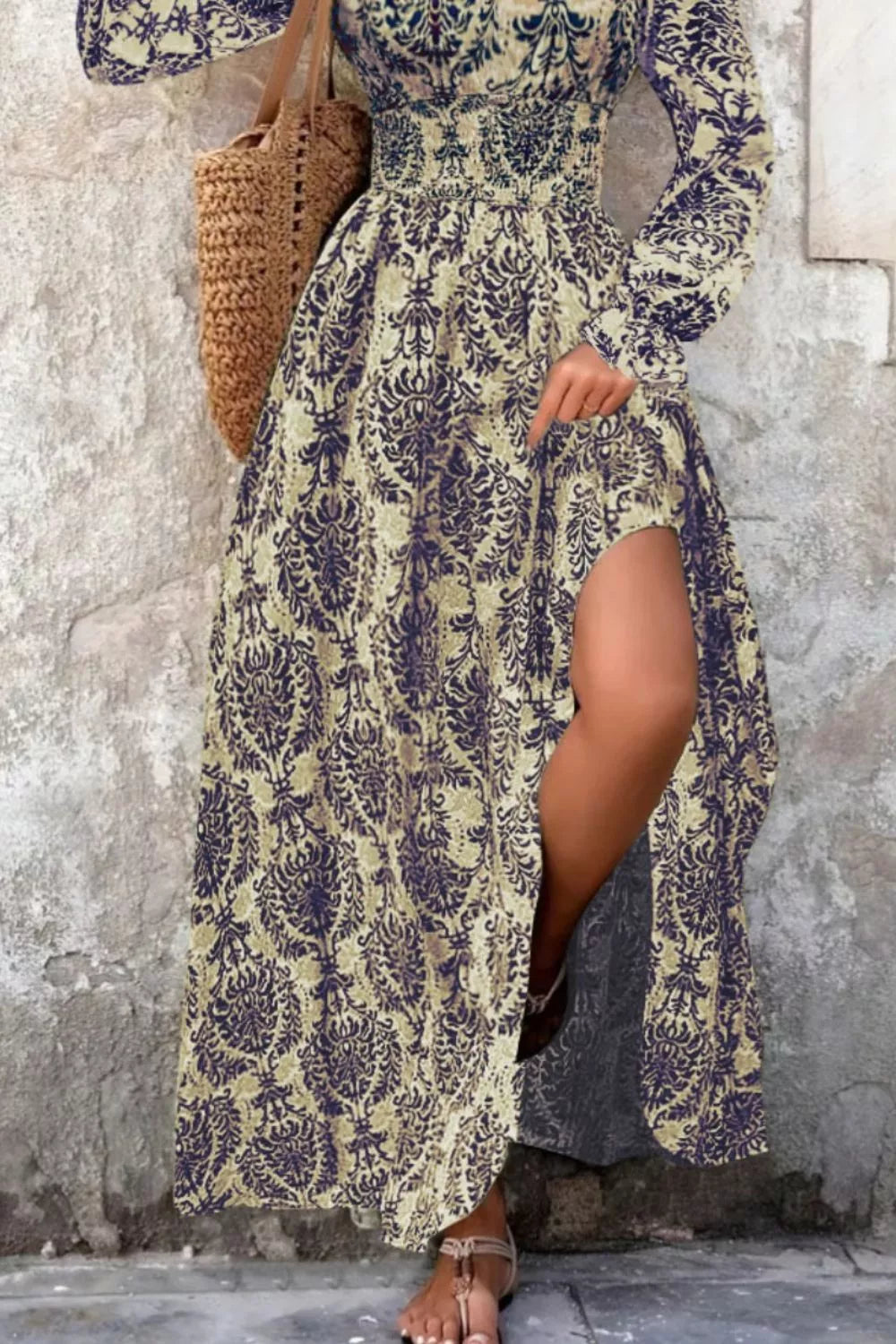 Printed V-Neck Long Sleeve Maxi Dress