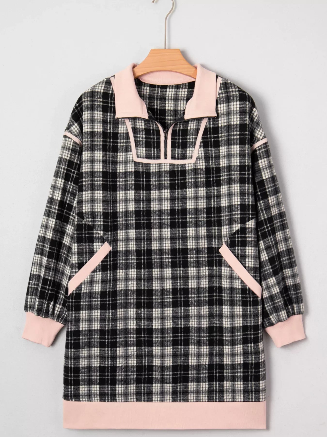 Plaid Polo Collar Zip up Contrast Trim Shift Long Sleeve Mini Dress