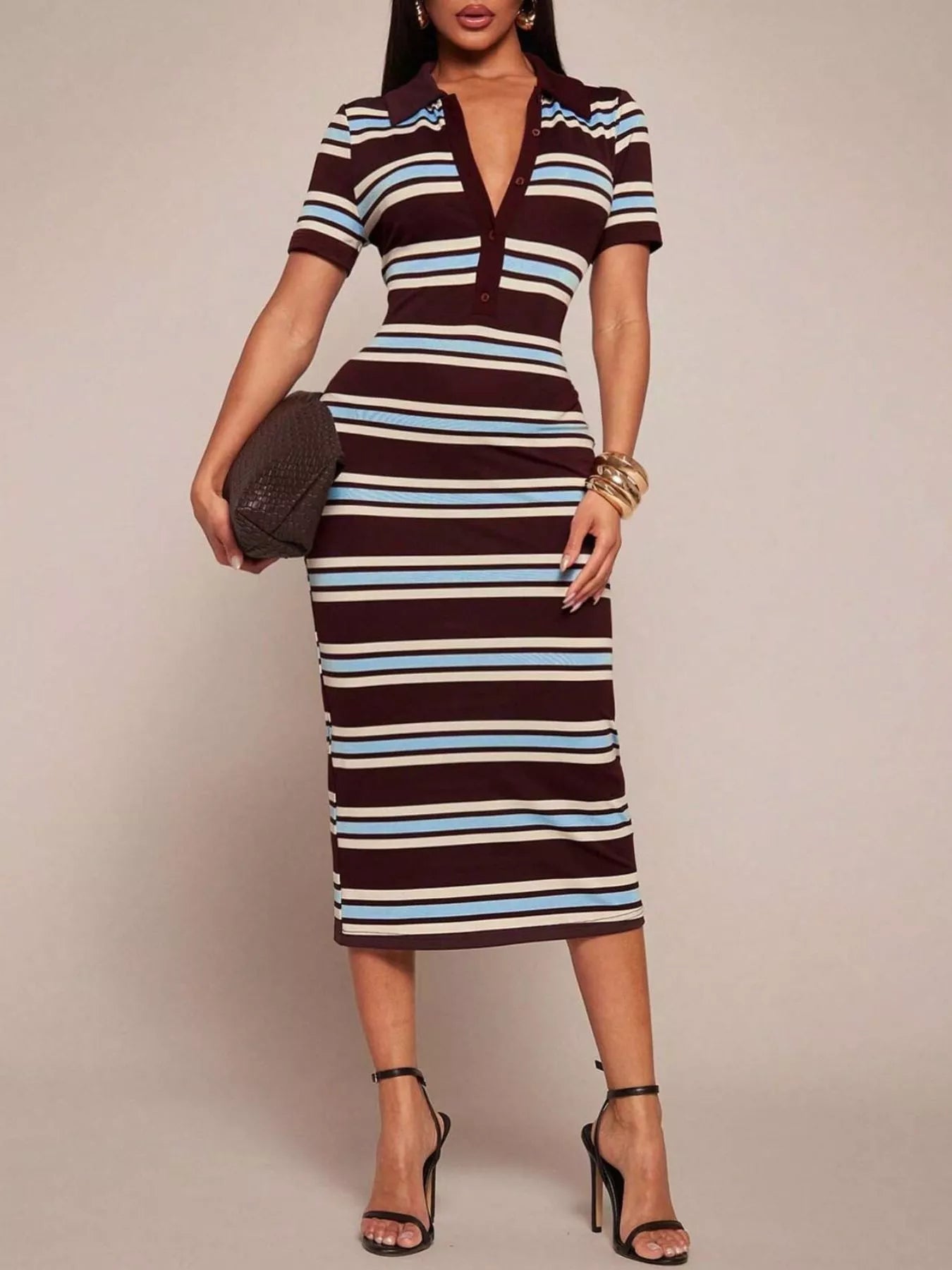 Striped Polo Collar Midi Dress