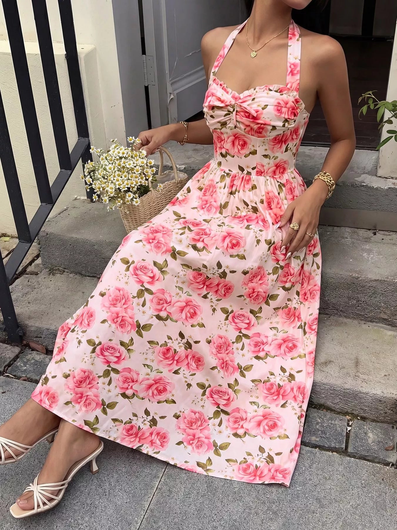 Floral Print Halter Neck Midi Dress