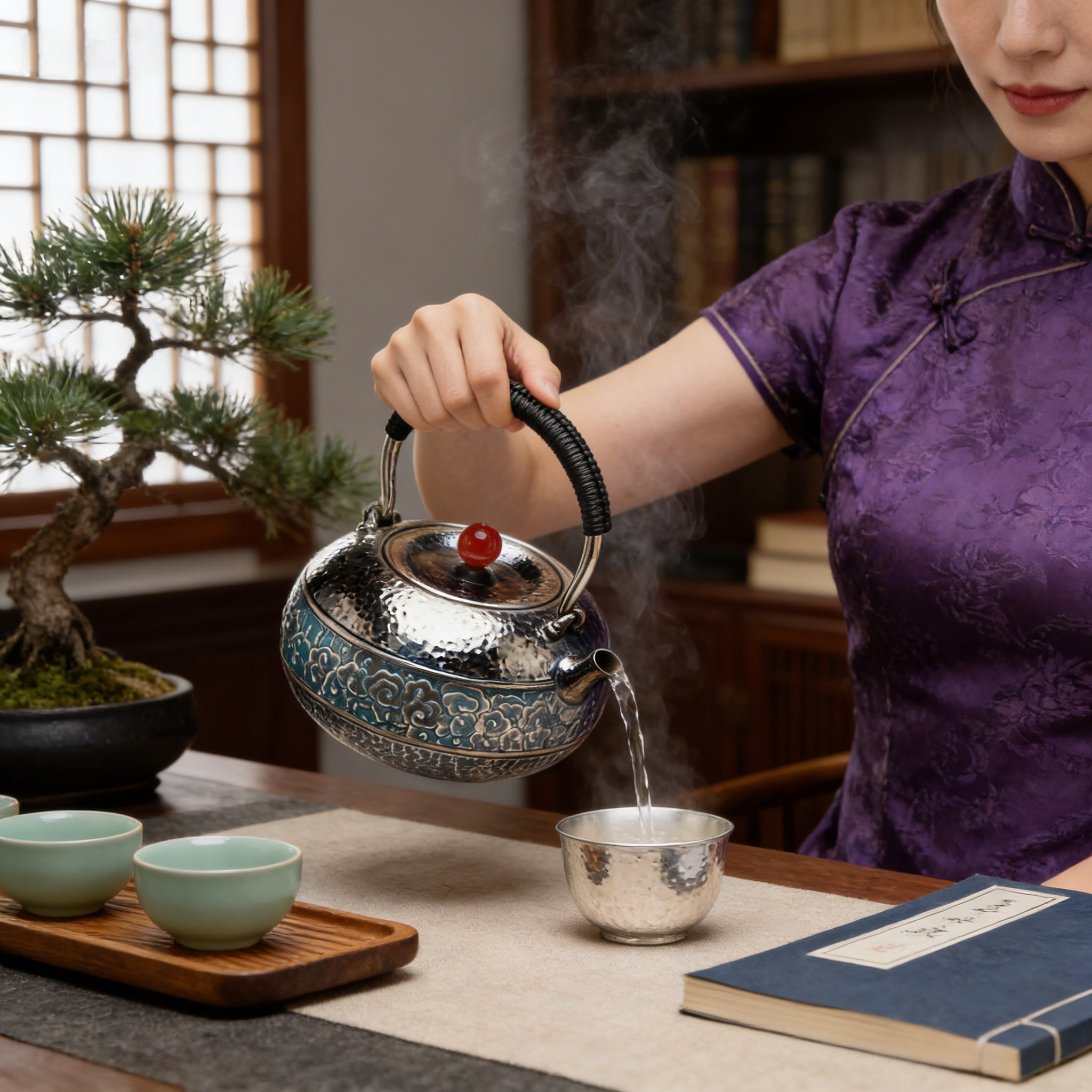 925 Sterling Silver Handcrafted Hammered Teapot with Blue Cloud Motif-Fine large teapot - Handicraft