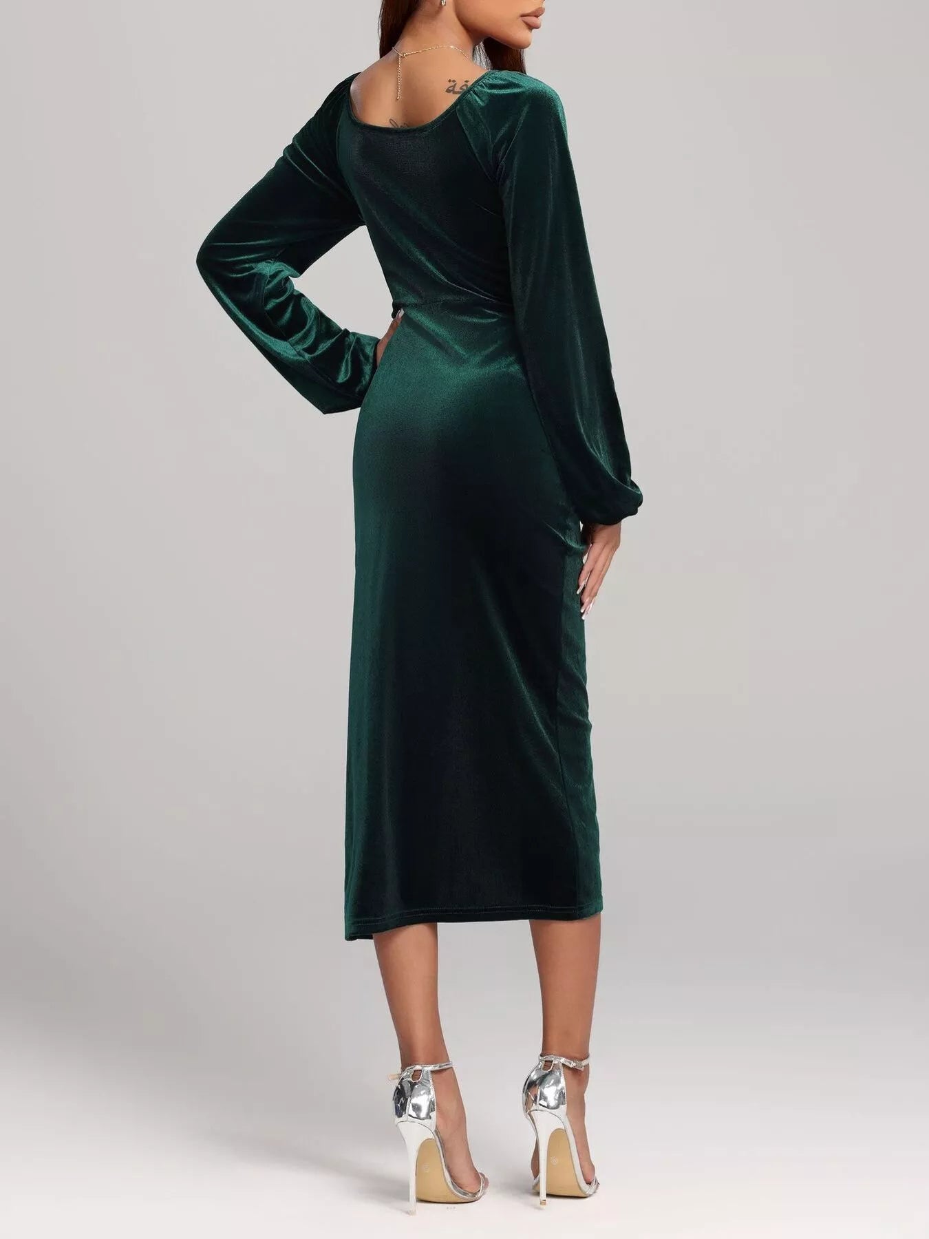 Velvet Long Sleeve Slit Midi Dress