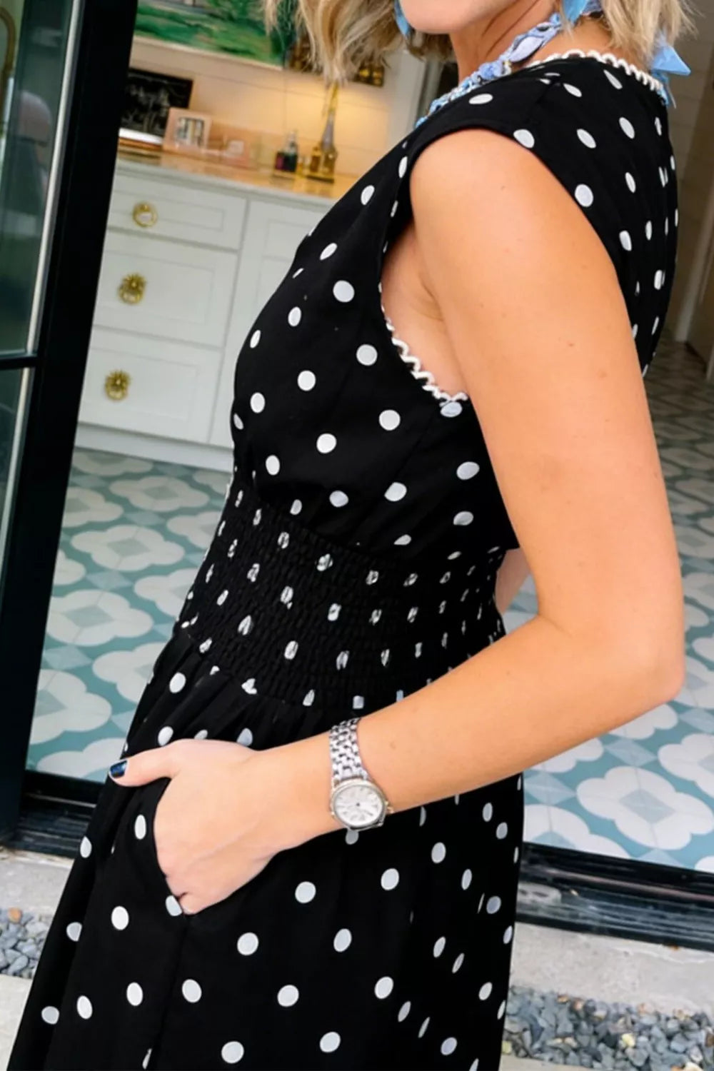 Polka Dot Zipper Front Midi Dress