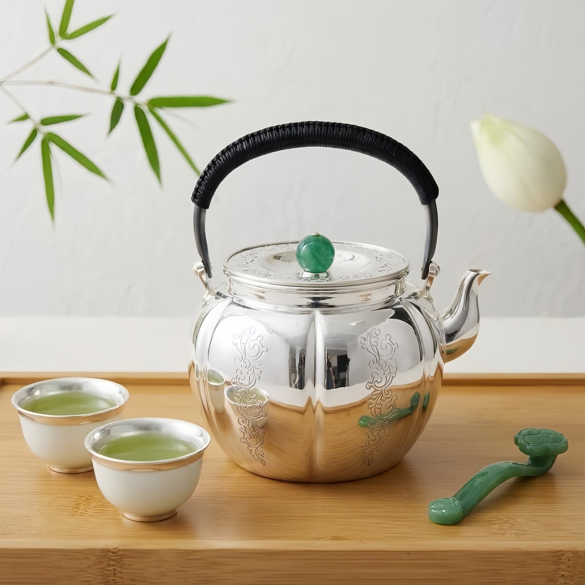 Pure 999 Fine Silver Elegant Silver Teapot with Green Jade Finial and Woven Black Handle - Handicraft