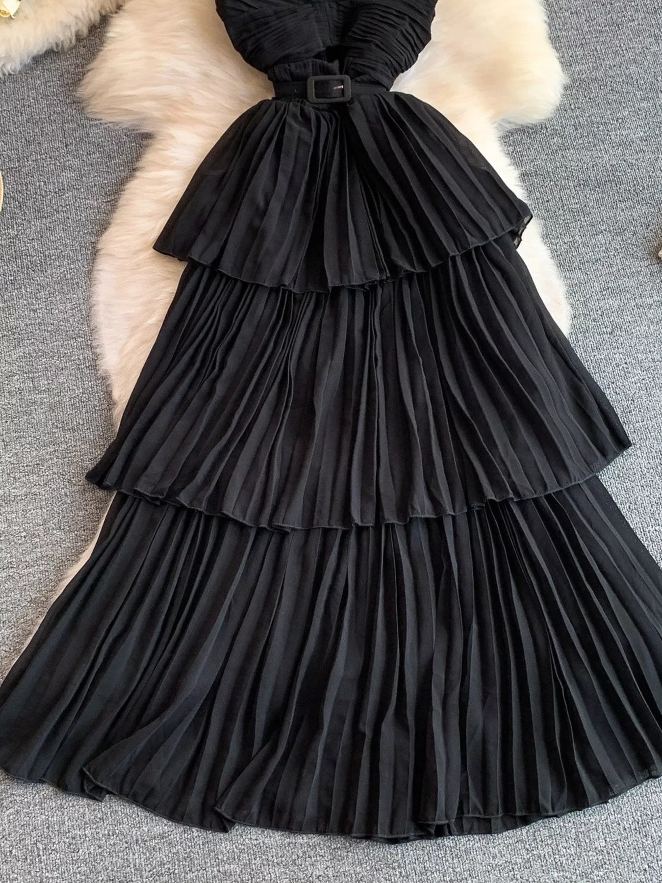 Pleated Layered Spaghetti Strap Midi Dress