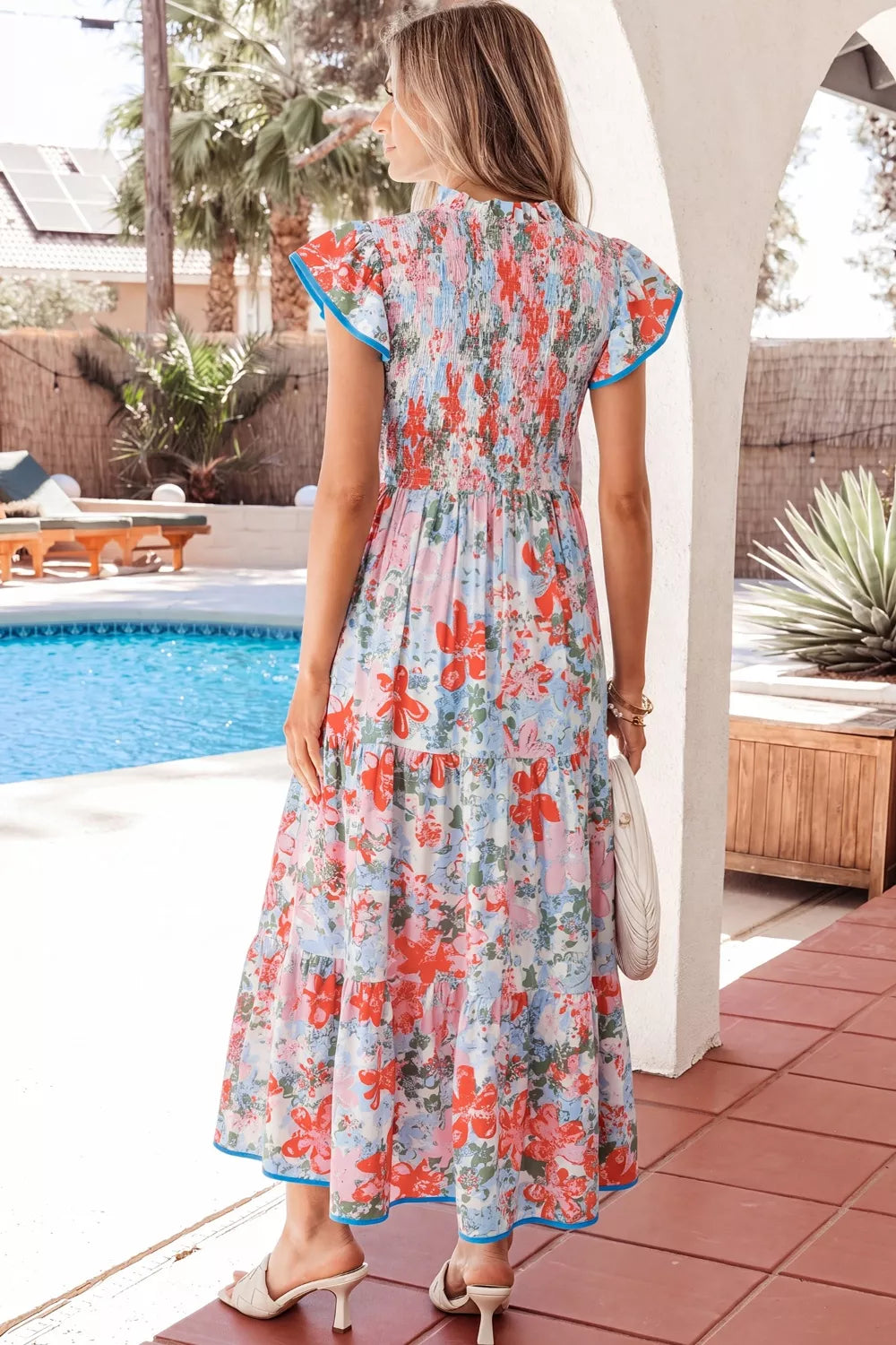 Floral Print V Neck Contrast Trim Flutter Sleeve Long Dress