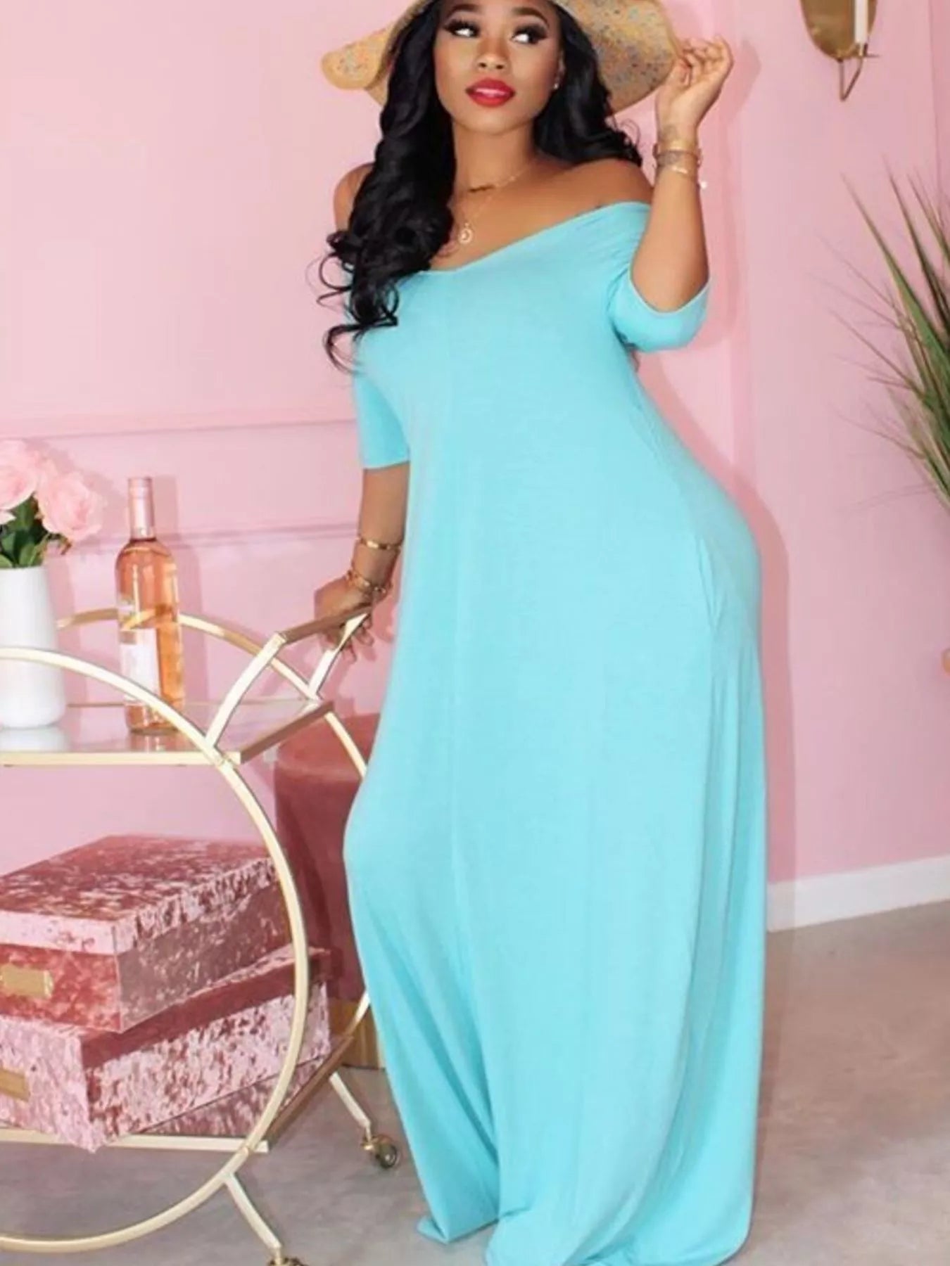 Full Size Solid Color Short Sleeve Maxi Dress Plus Size