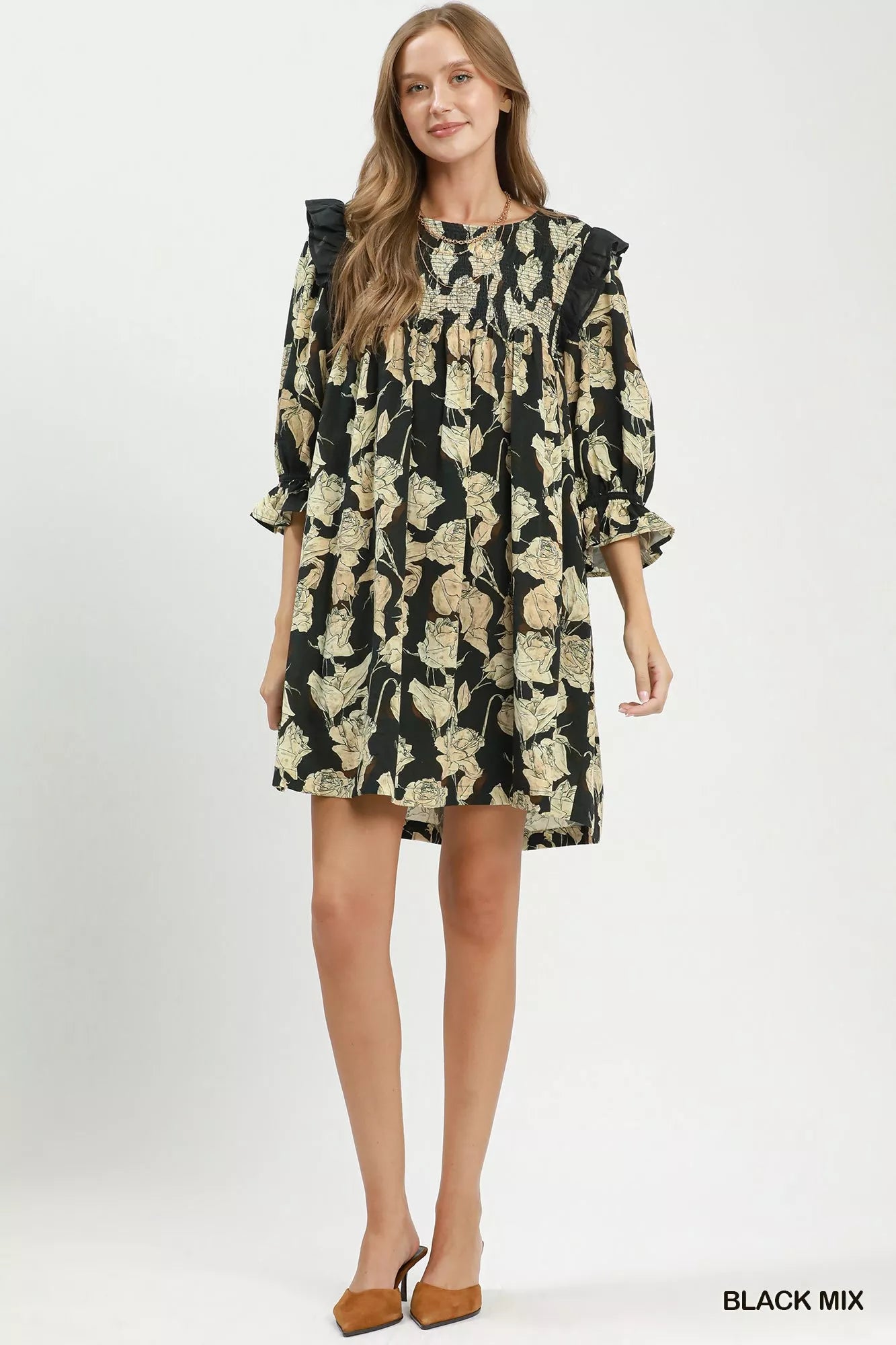 Umgee Mix Floral Print Smocked Ruffle Detail Flowy Dress