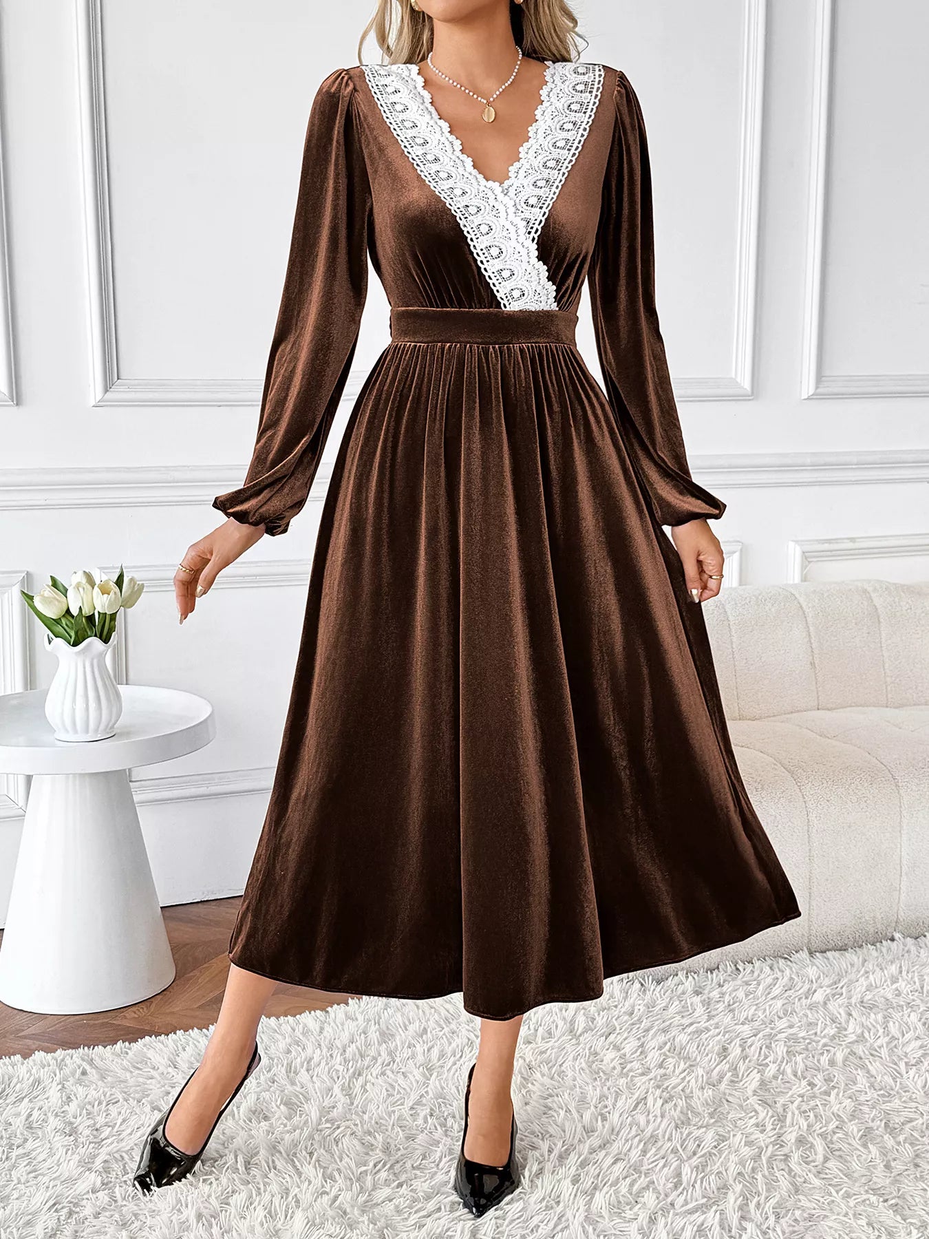 Velvet A-Line Dress with Lace Trim