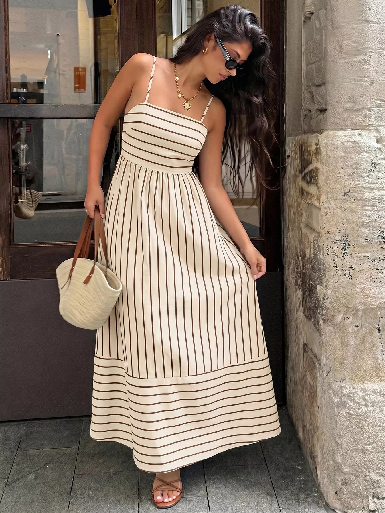 Striped Print Spaghetti Strap Maxi Dress