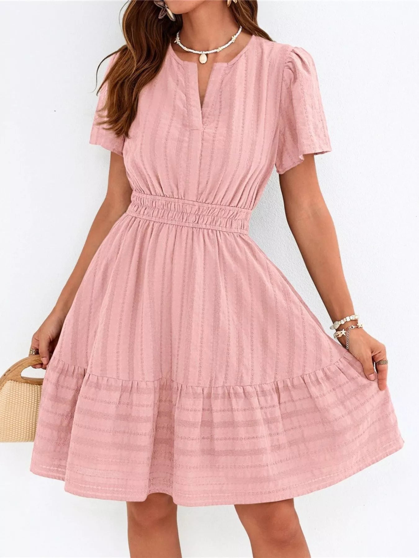 Short Sleeve Smocked Waist Tiered Dress