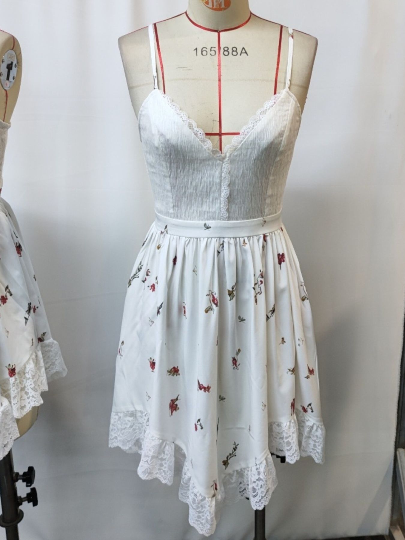 Floral Print Lace Trimmed Asymmetrical Hem Cami Dress
