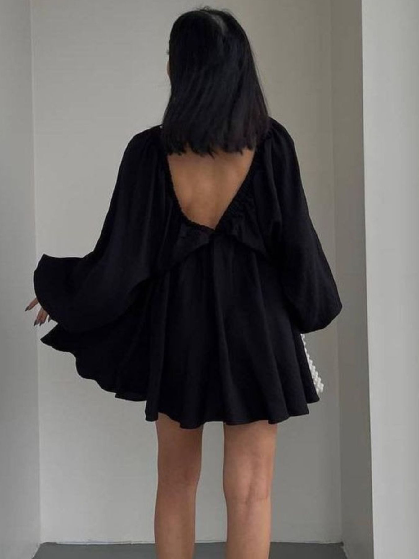 Deep V-Neck Balloon Sleeve Dress