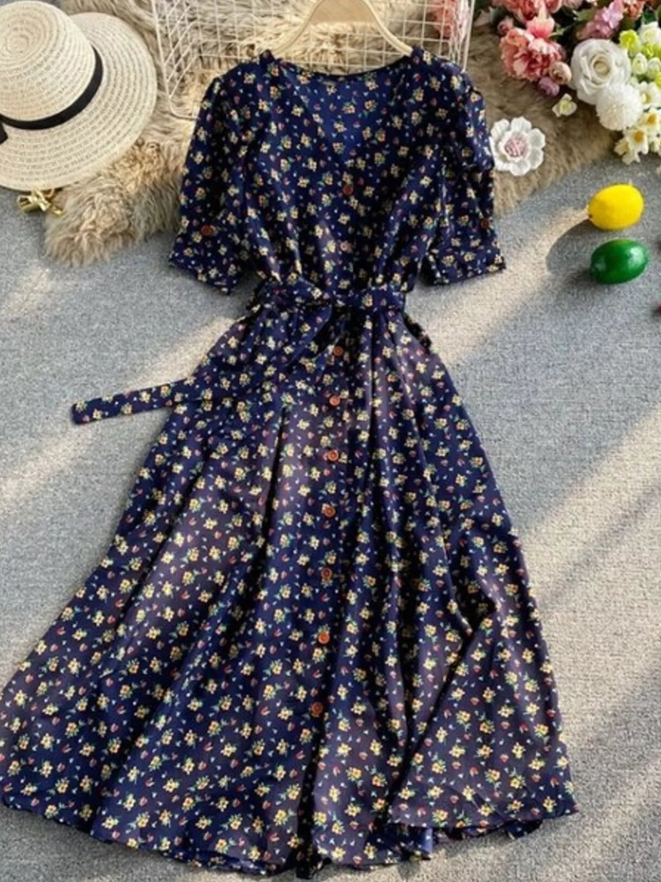 Floral Print V-Neck Midi Dress
