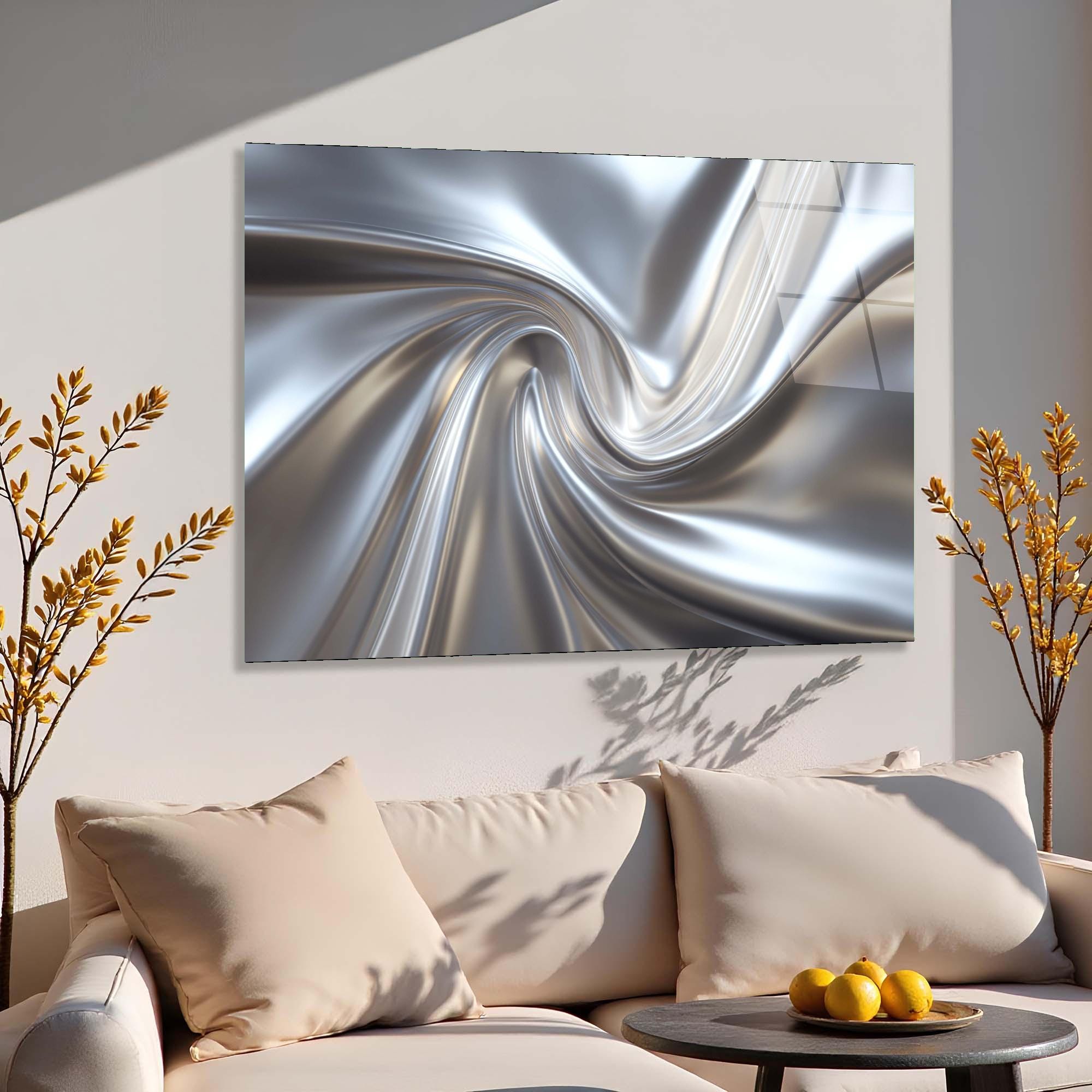 Abstract Silver Swirl Tempered Glass Wall Art | Modern Metallic Decor