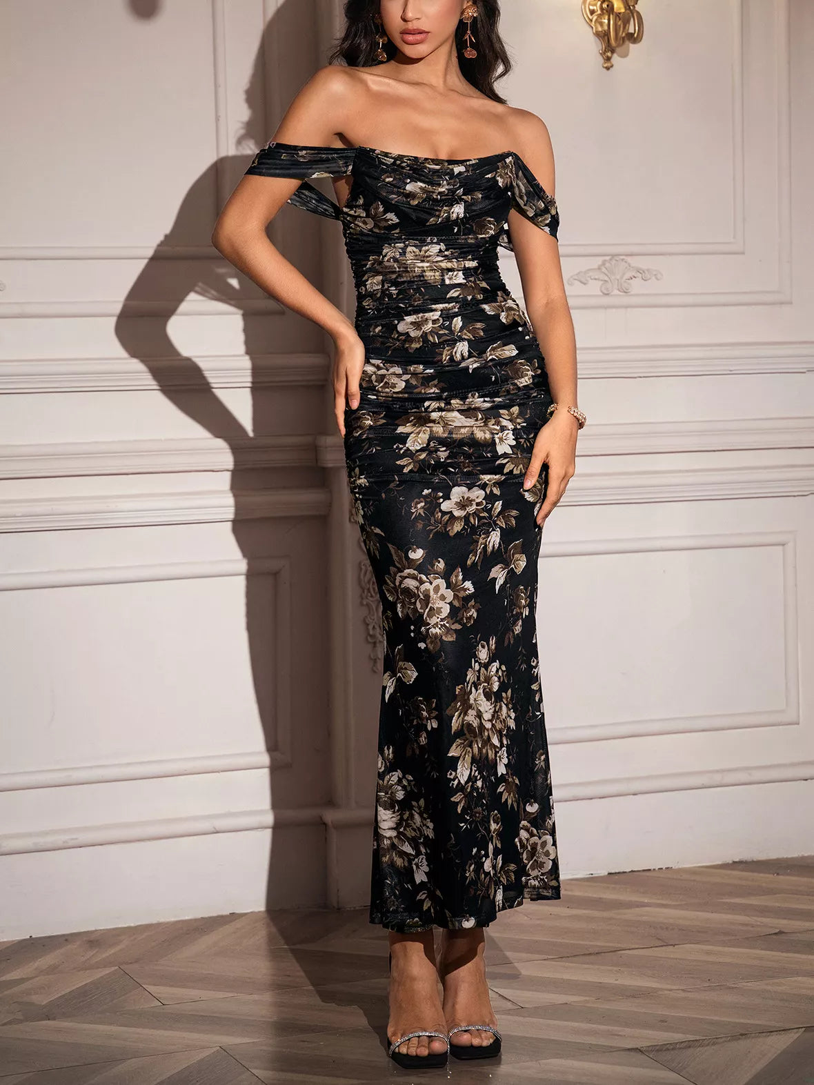 Off-Shoulder Ruched Floral Mermaid Dress