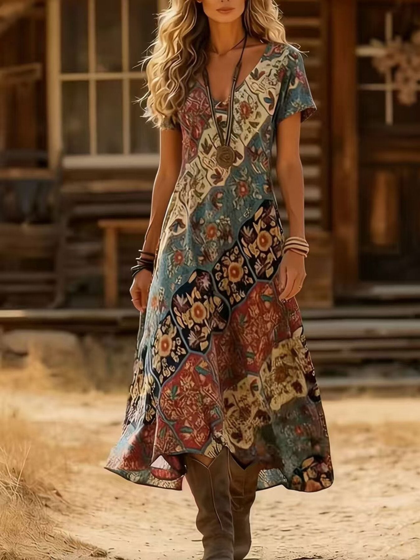 Printed V-Neck Short Sleeve Midi Dress