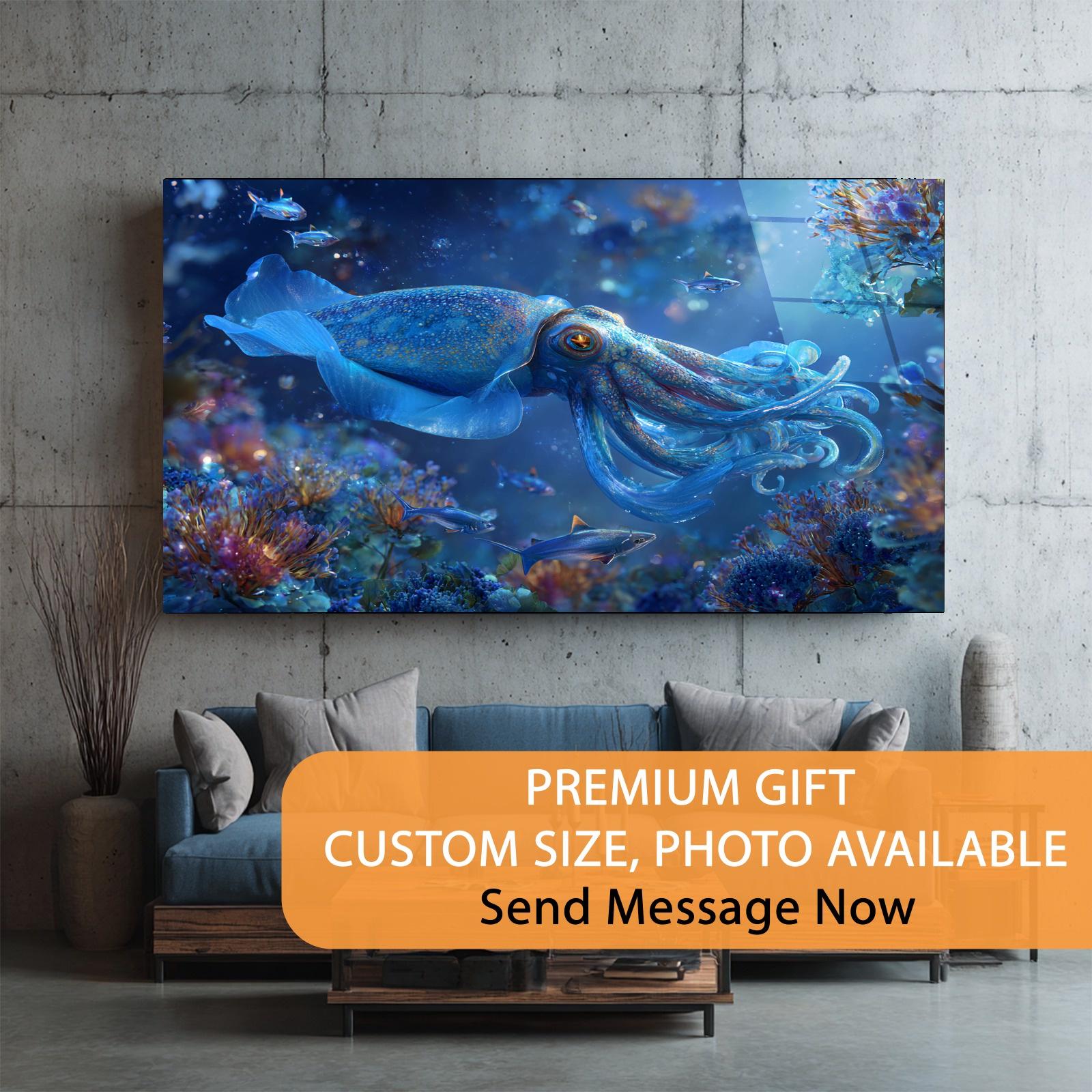 Blue Squid Tempered Glass Wall Art | Ocean Reef Decor