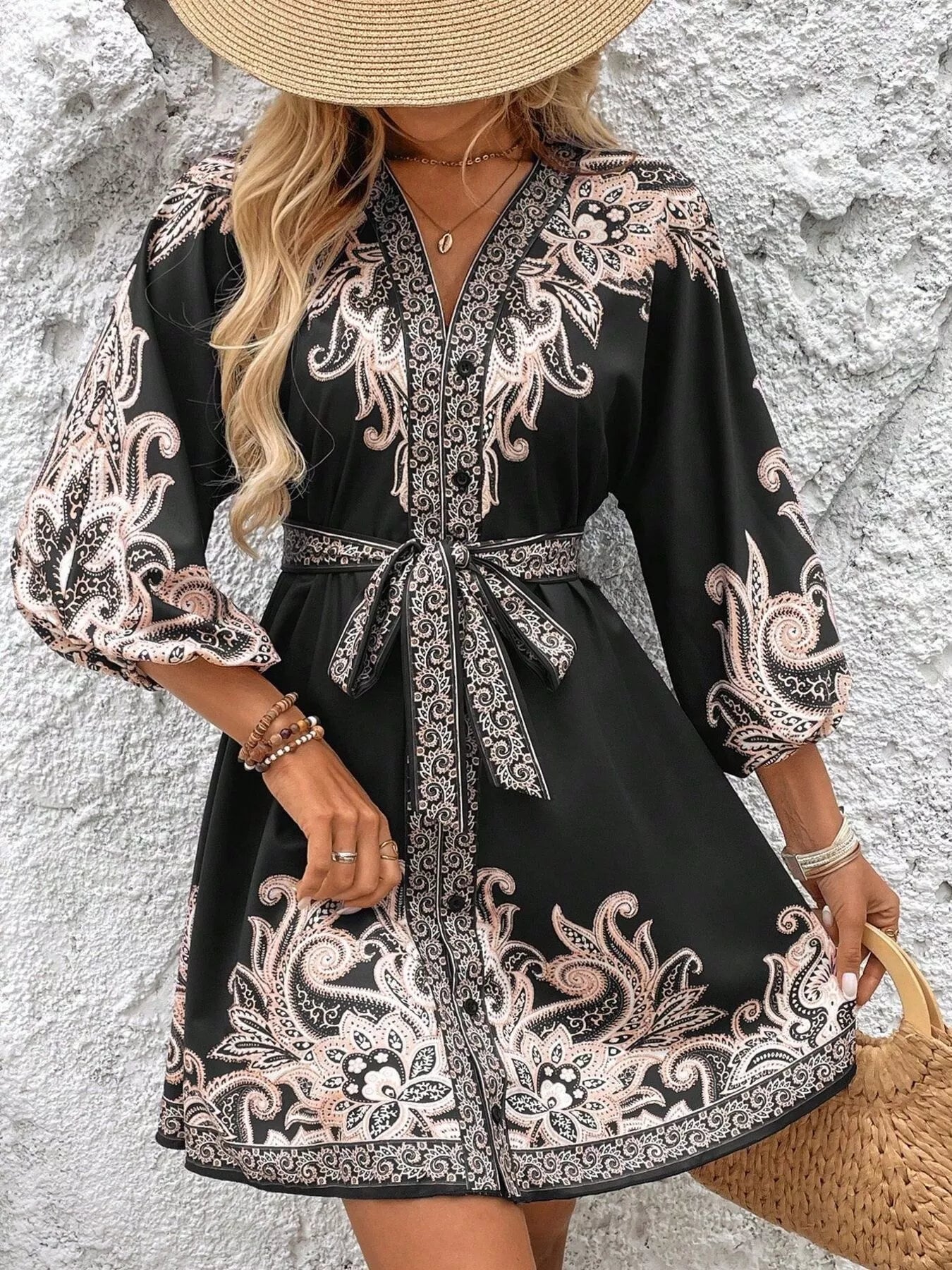 Paisley Print V-Neck Belted Mini Dress