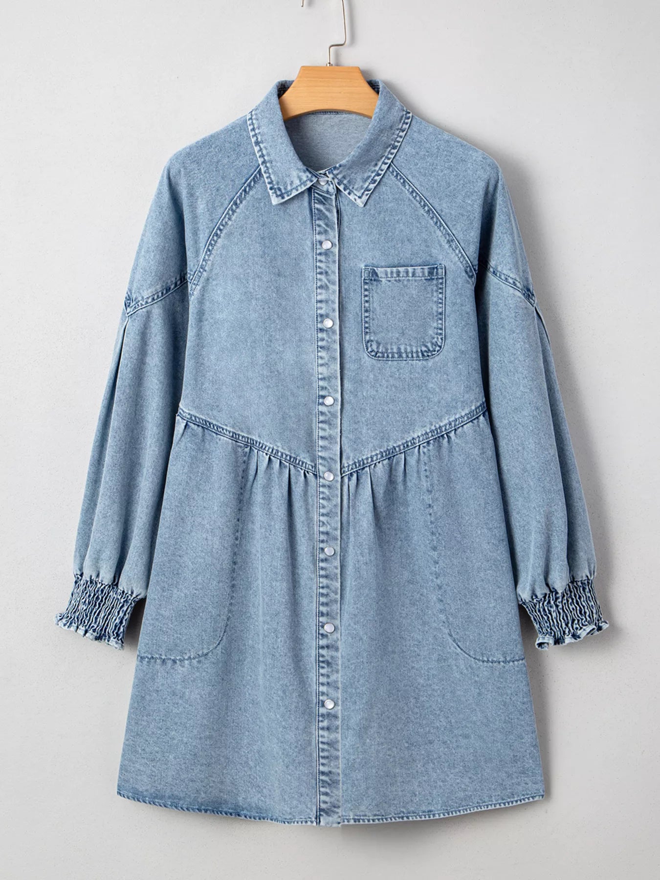 Smocked Cuffs Flared Denim Shirt Mini Dress
