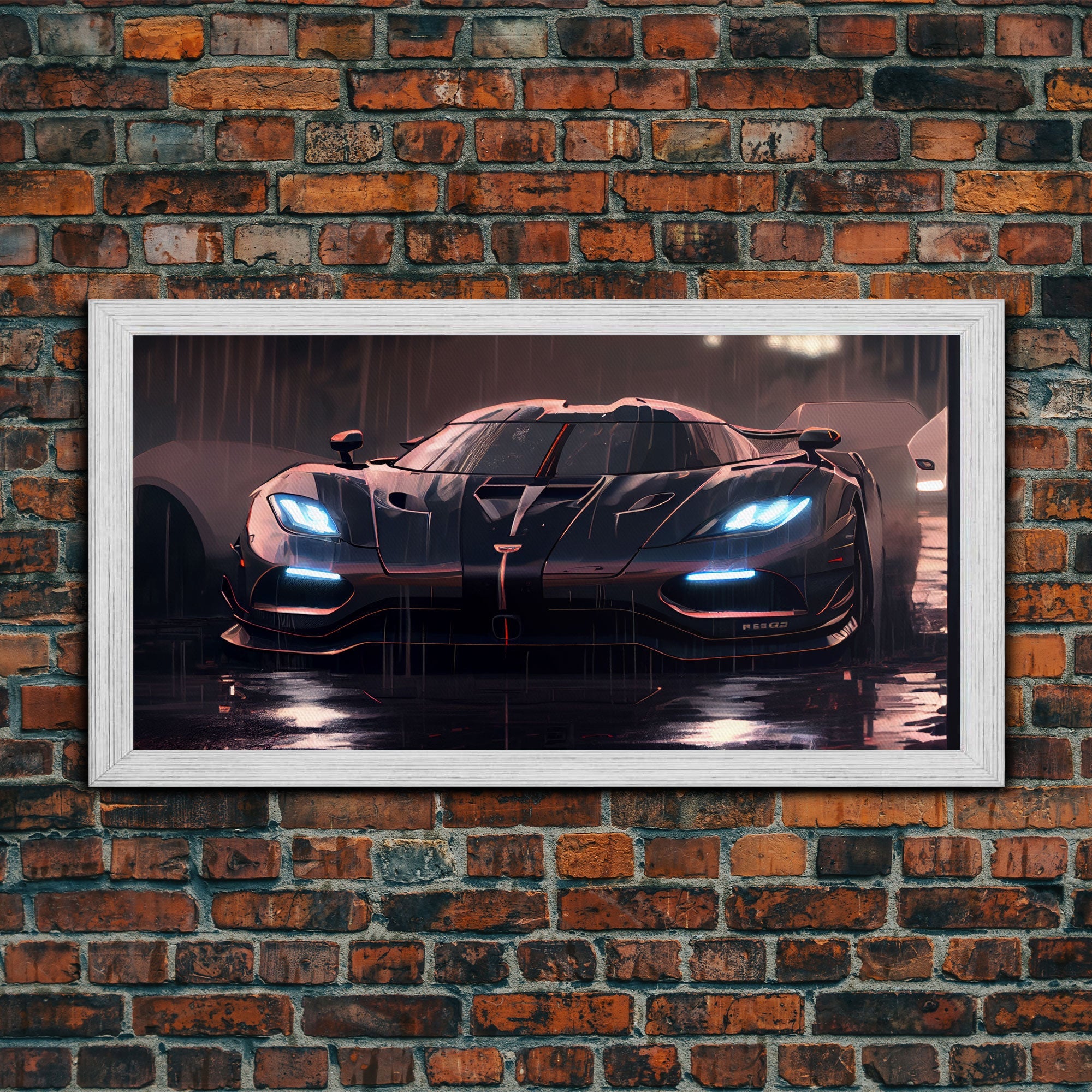 Koenigsegg Agera in the Rain, Supercar Art, Framed Canvas Print