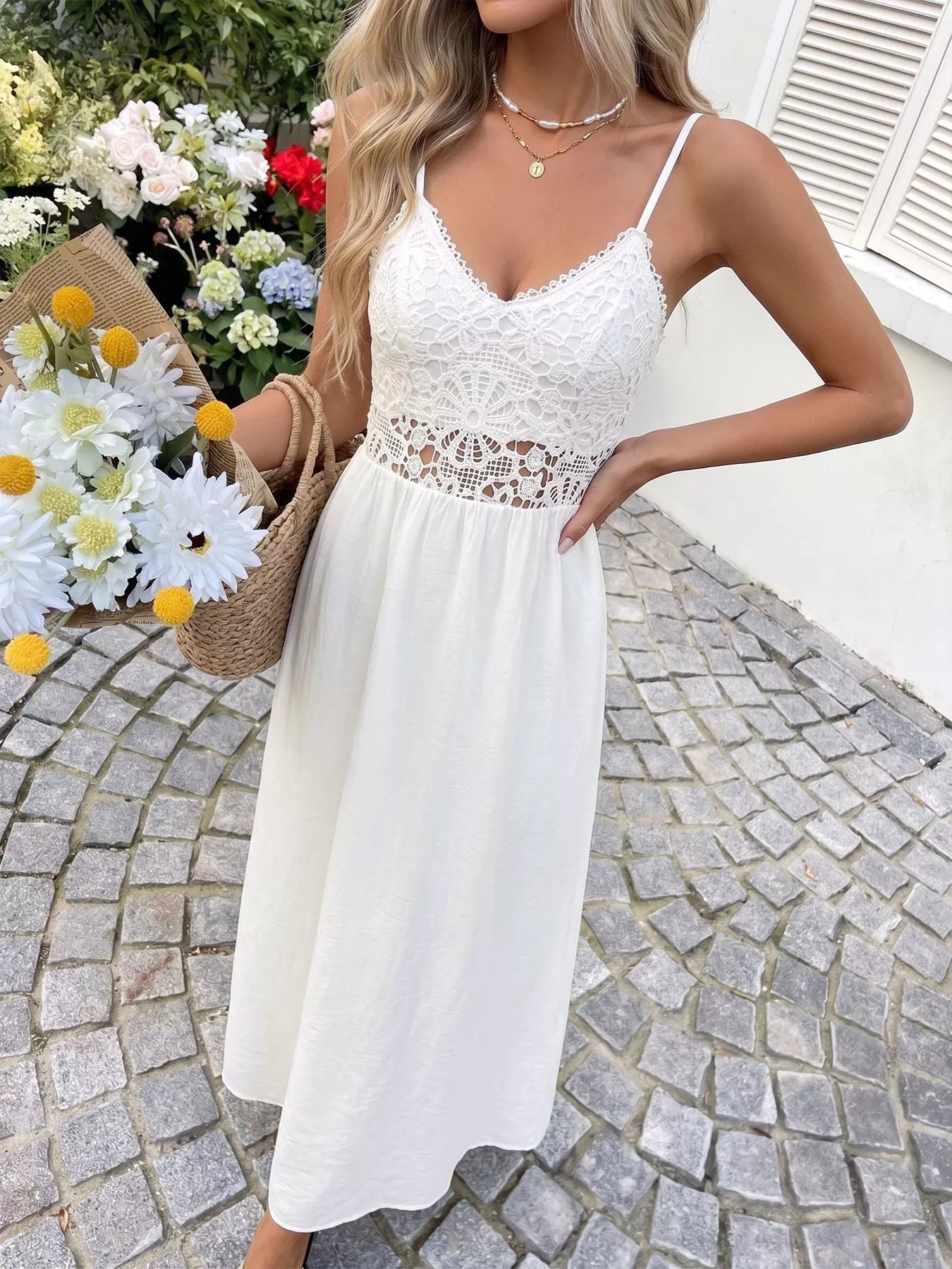 Lace V-Neck Flowy Maxi Dress