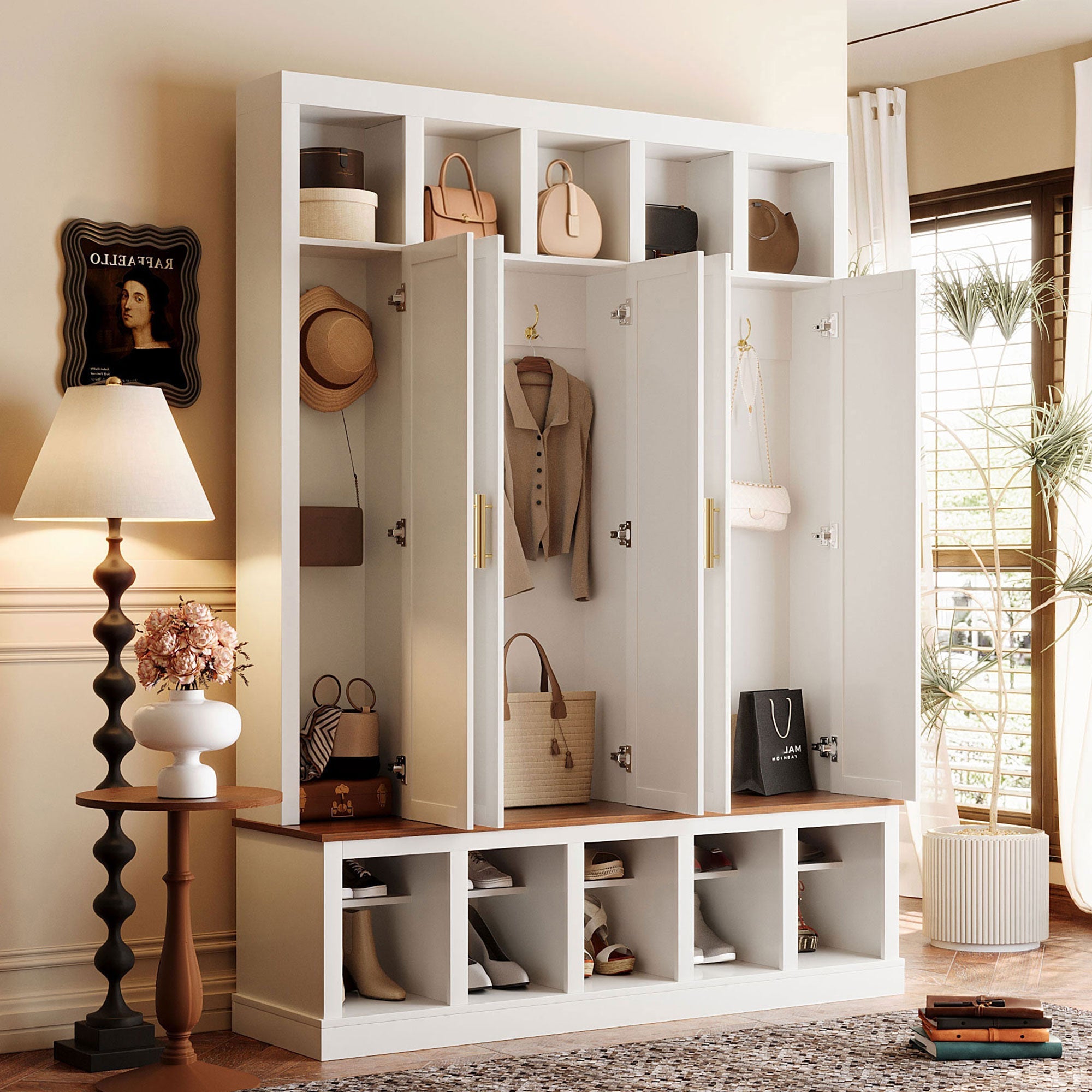 U-Can Farmhouse Entryway Storage Cabinet with Shoe Rack & Display Cubbies