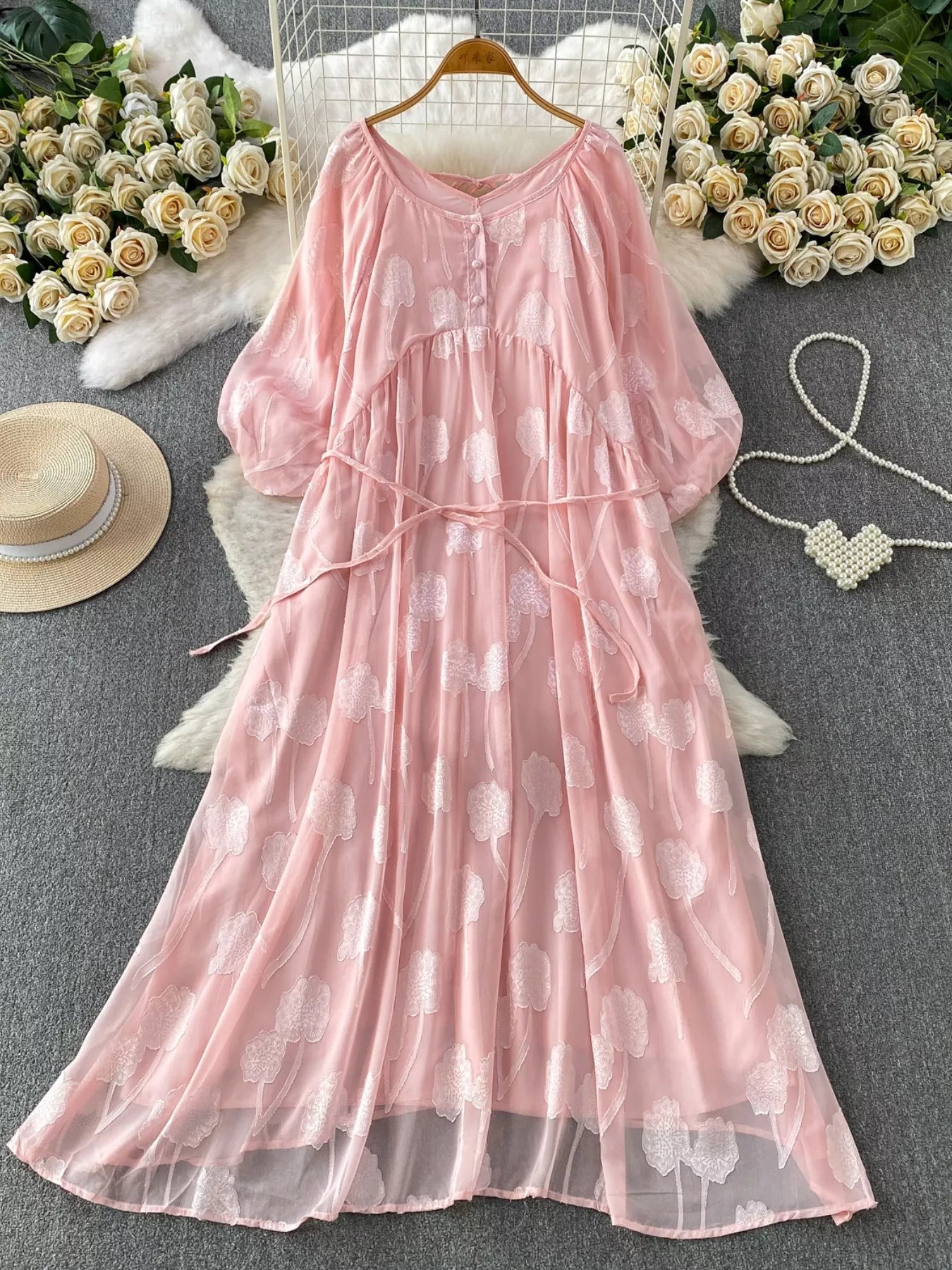Button Front Puff Sleeve Chiffon Dress