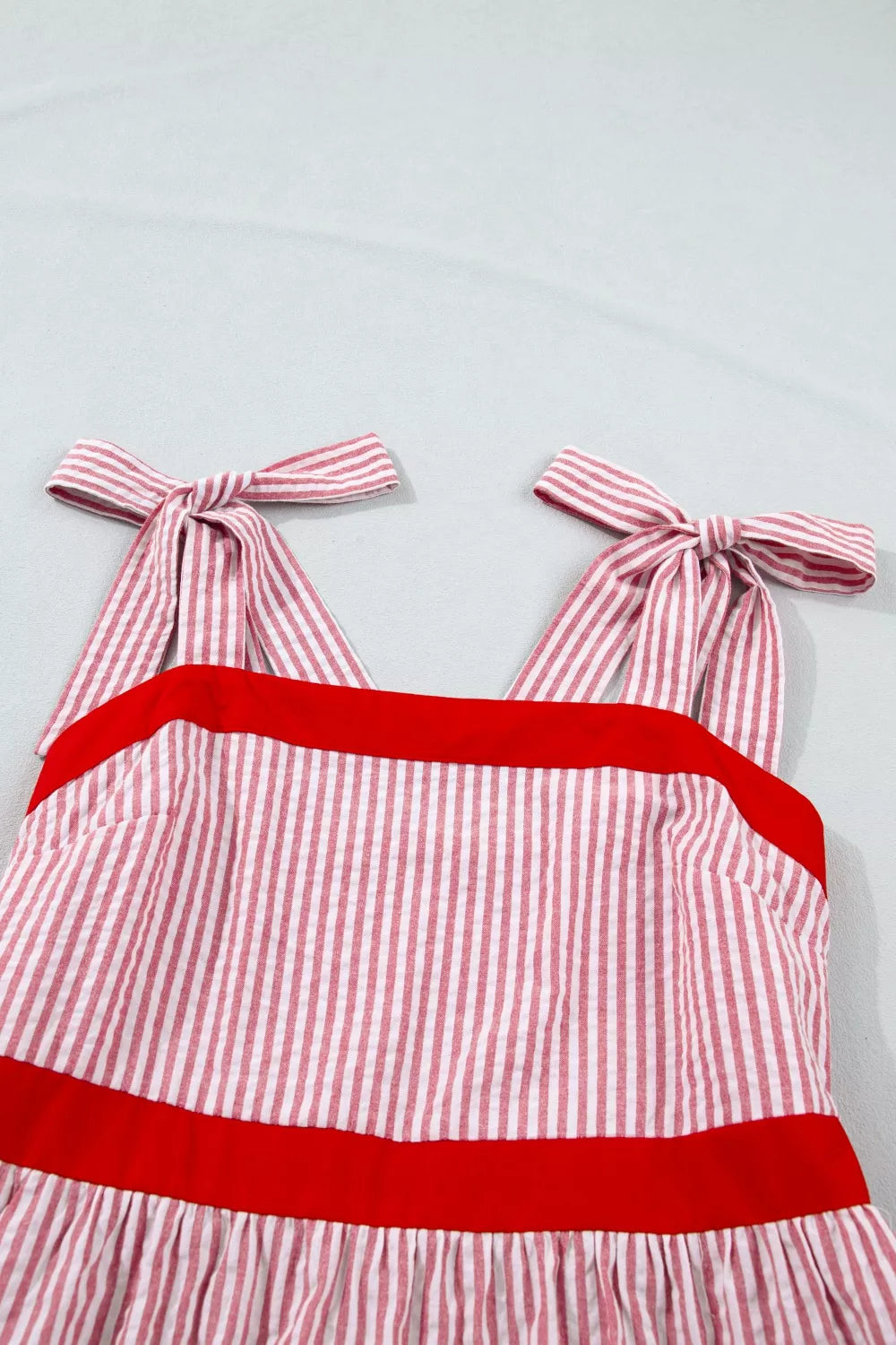 Stripe Bow Knot Straps Contrast Trim High Waist Ruffle Hem Maxi Dress