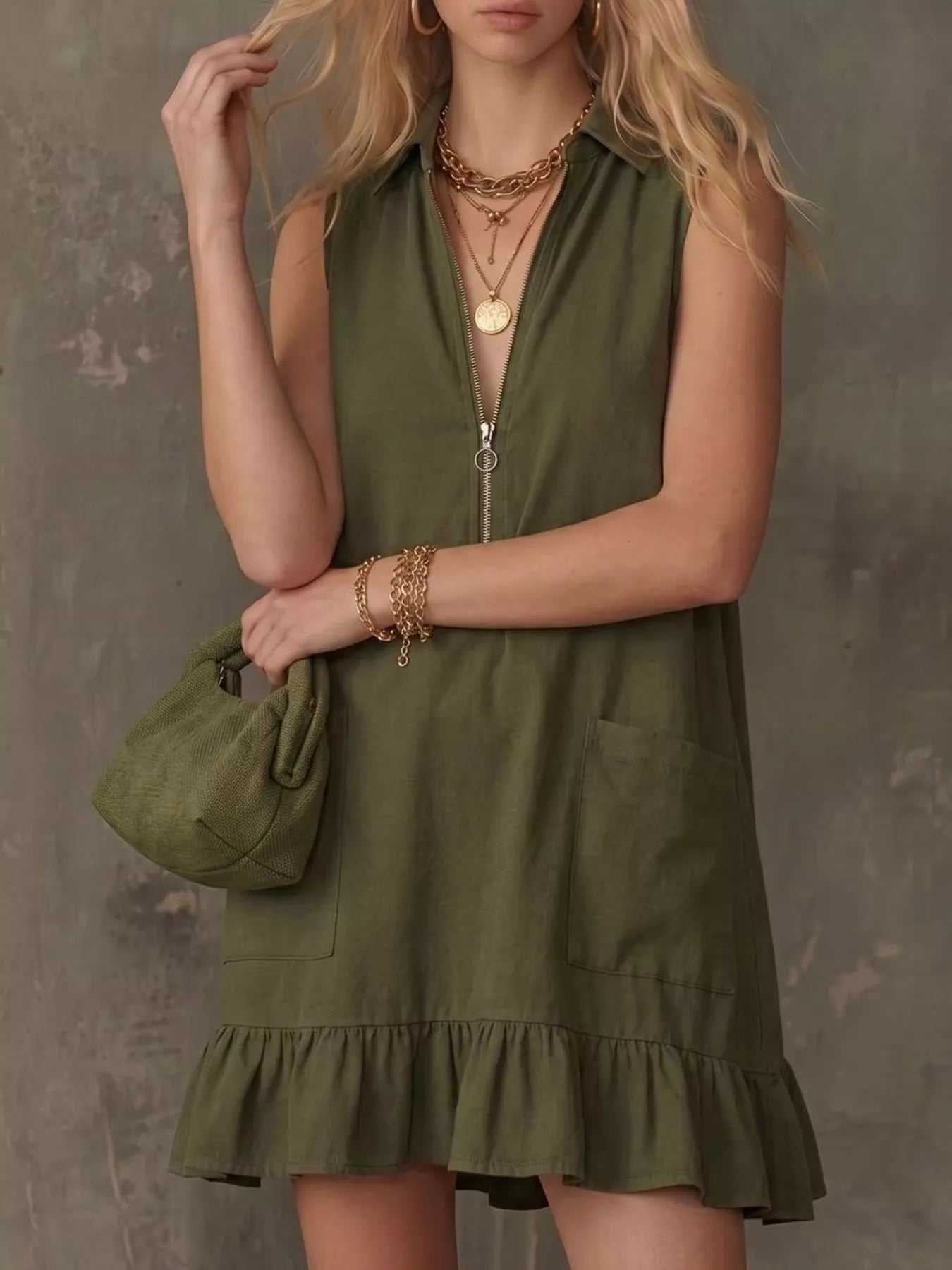 Sleeveless Collared Zip-Front Ruffle Hem Dress