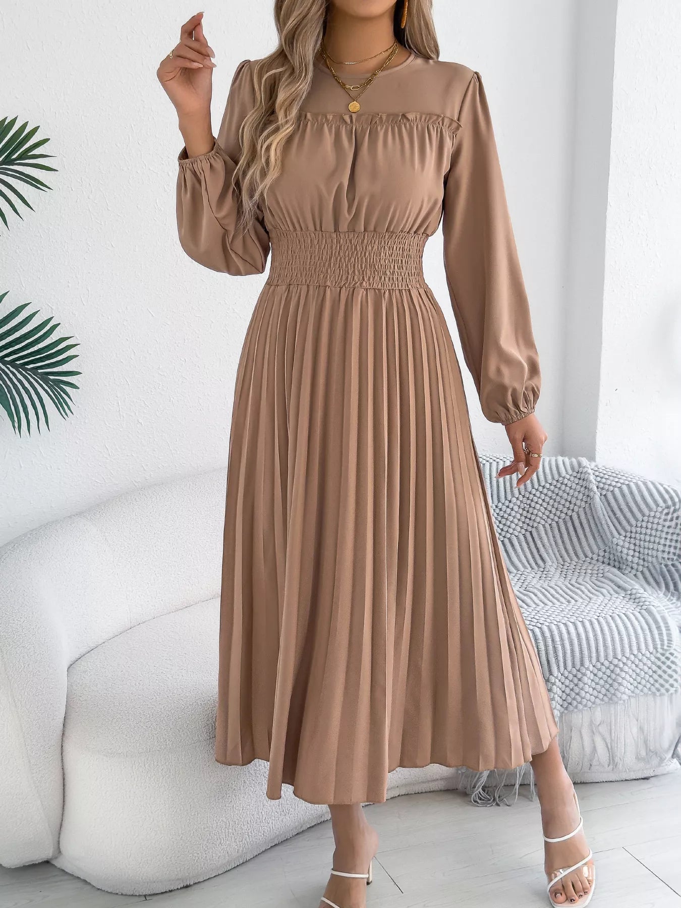 Smocked Pleated Long Sleeve Midi Dress