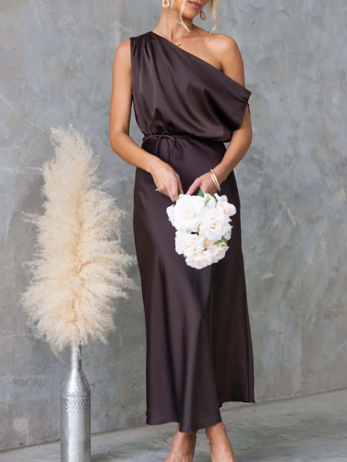 One-Shoulder Tied Midi Dress