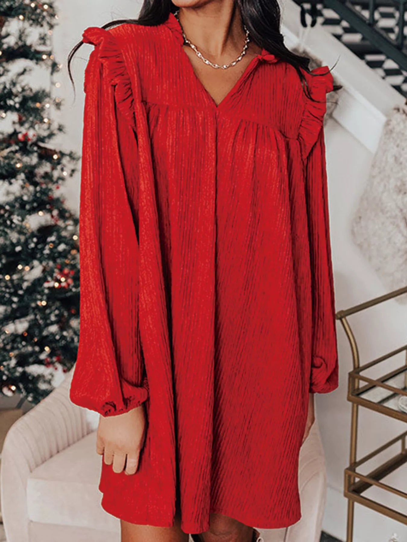 Textured Ruffled Trim Loose Fit Mini Dress