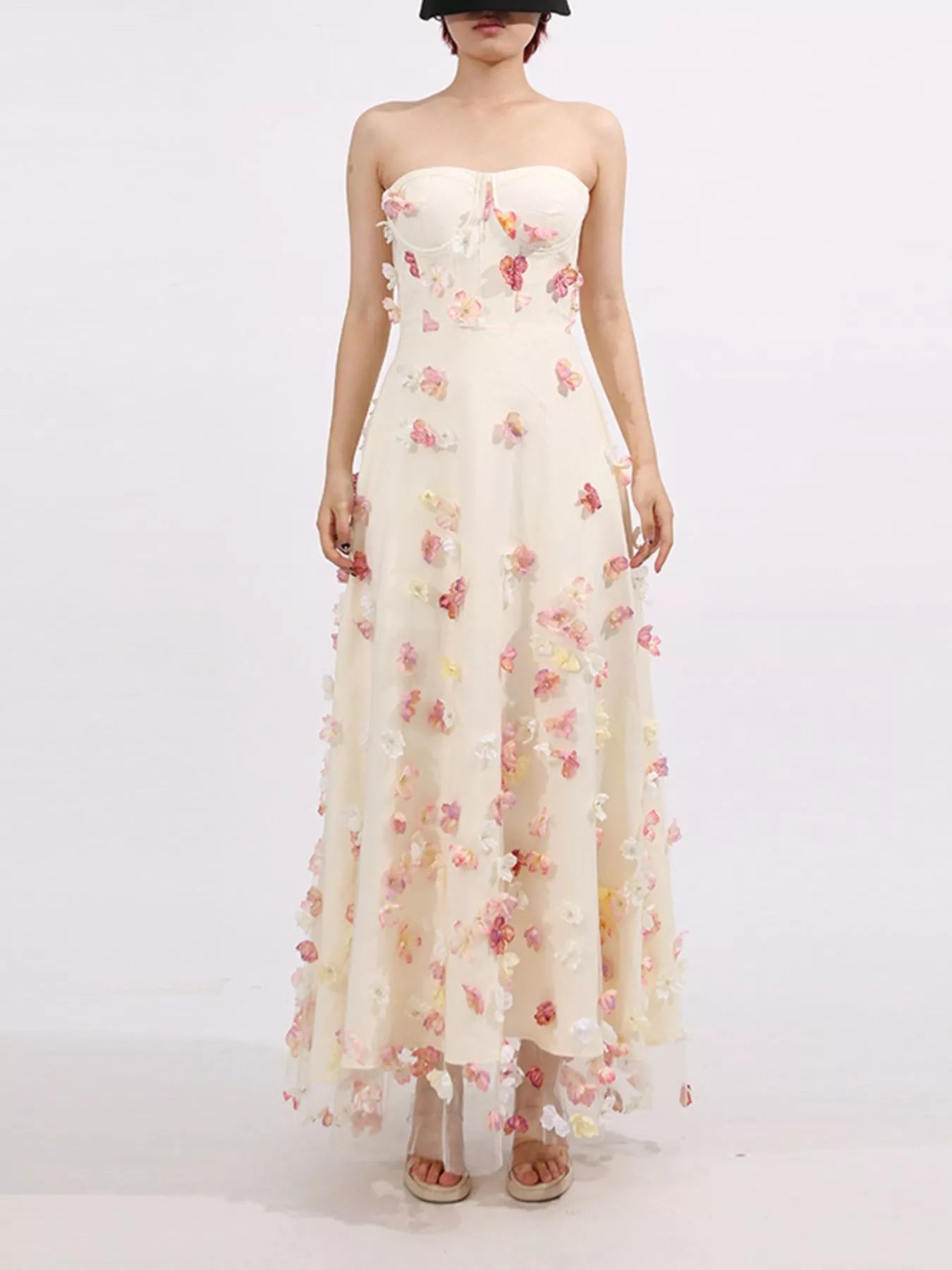 Floral Applique Strapless Tulle Maxi Dress