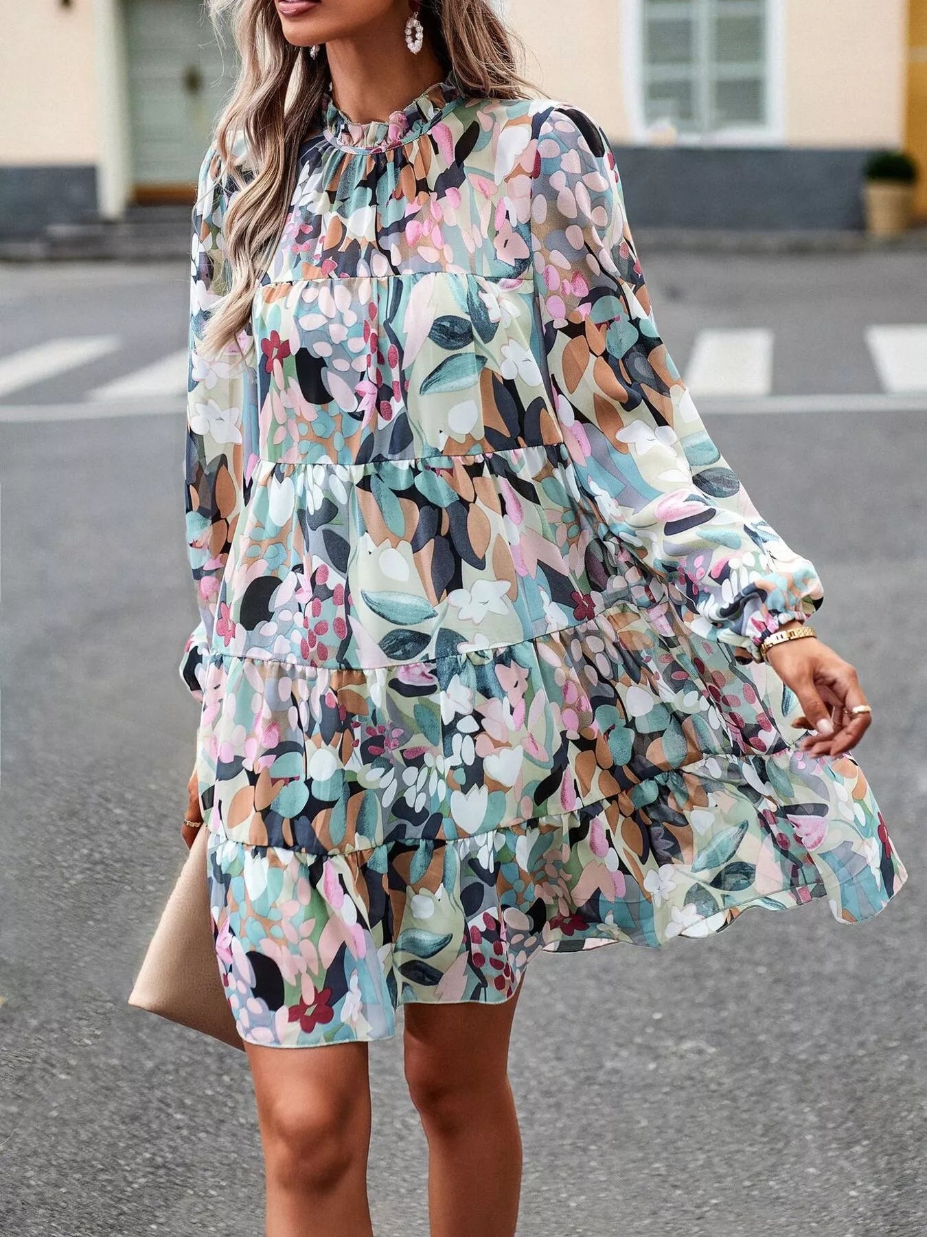 Printed Long Sleeve Mini Dress