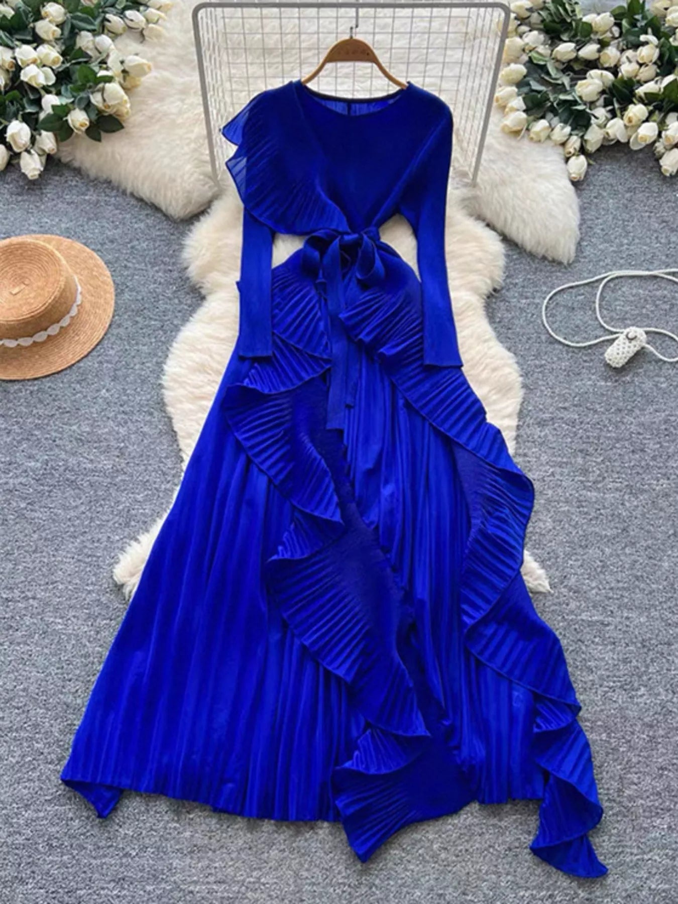 Ruffle Trim Pleated Midi Dress