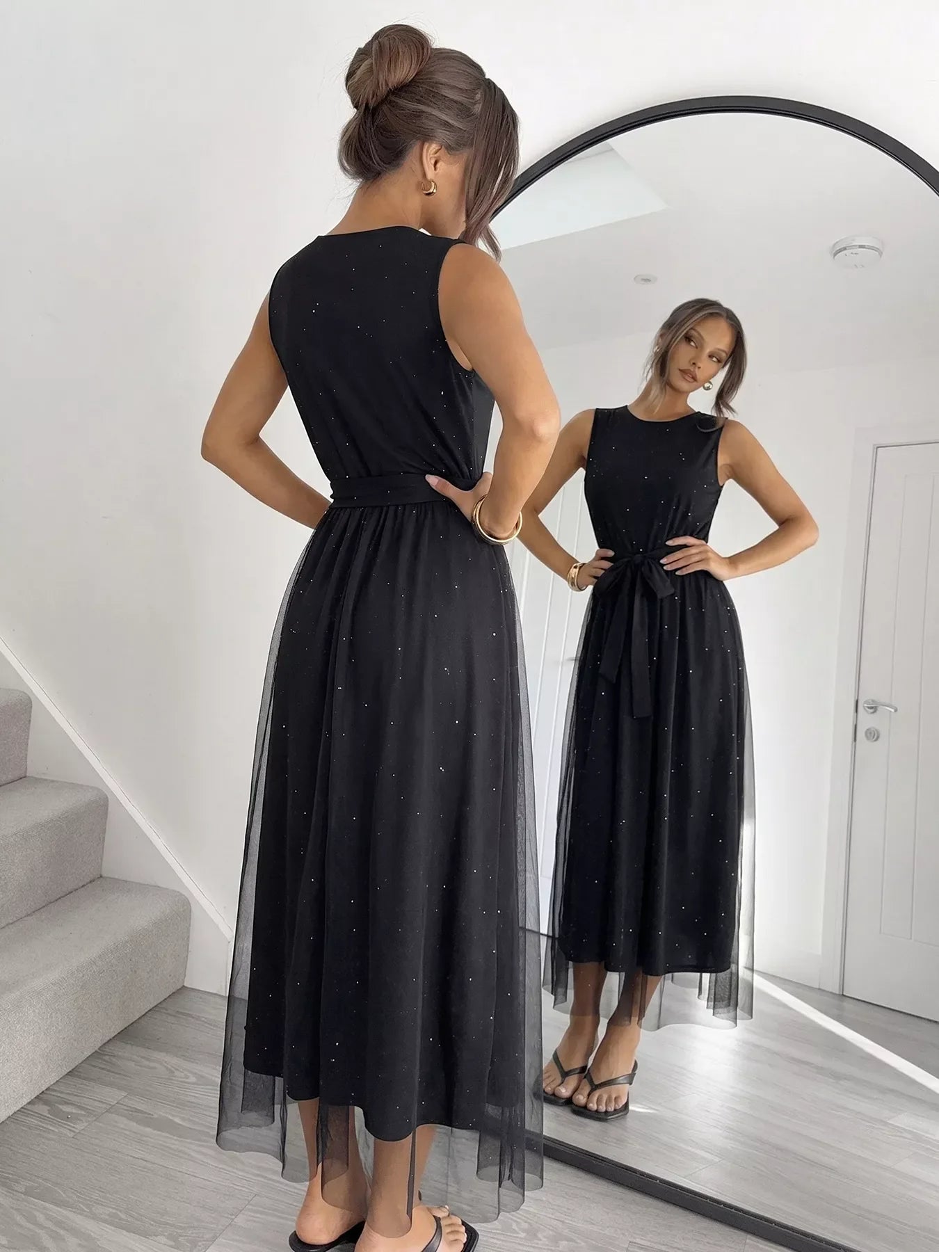 Glitter Sleeveless Tulle Midi Dress