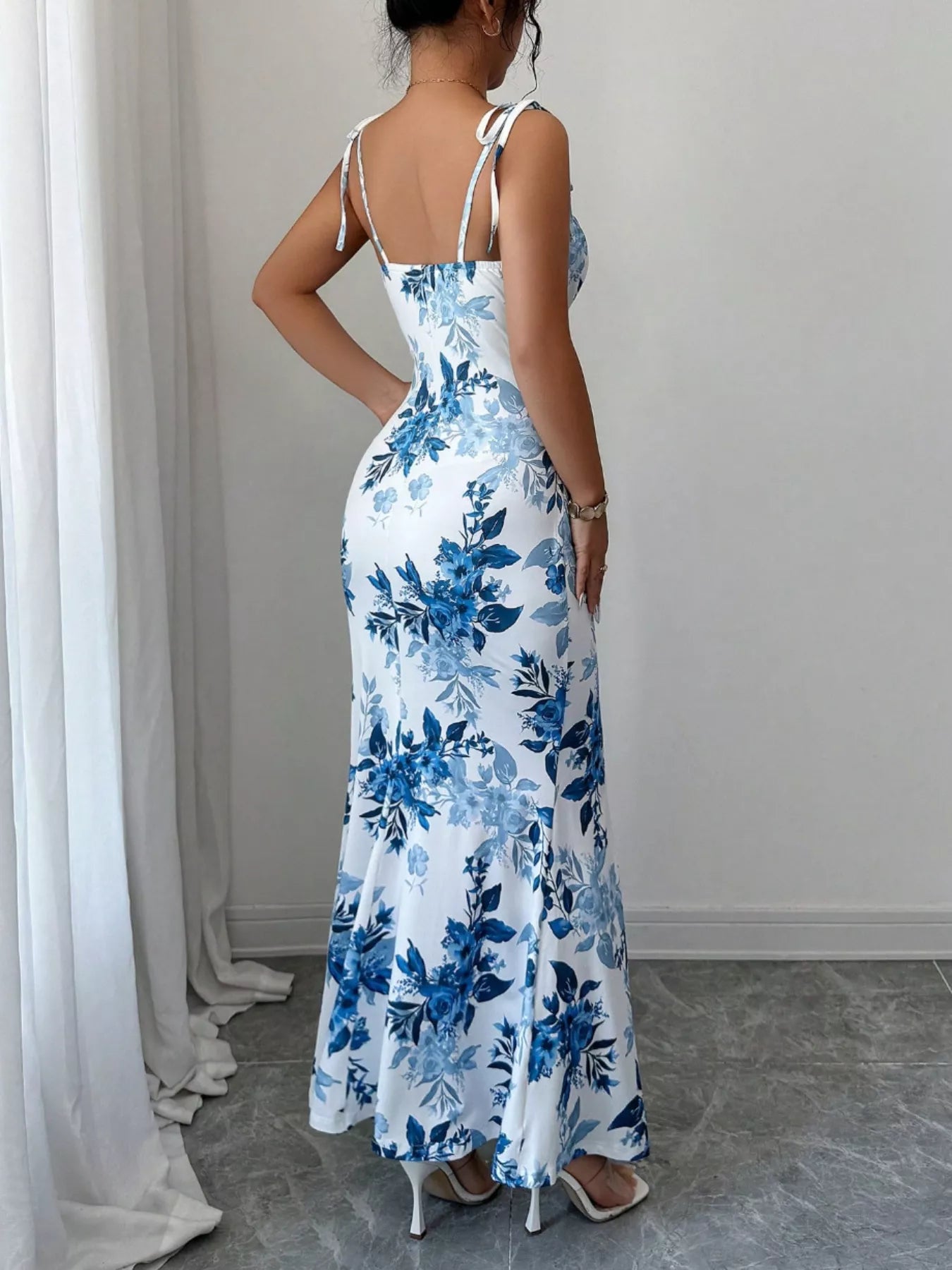 Printed Tie Strap Slit Maxi Dress