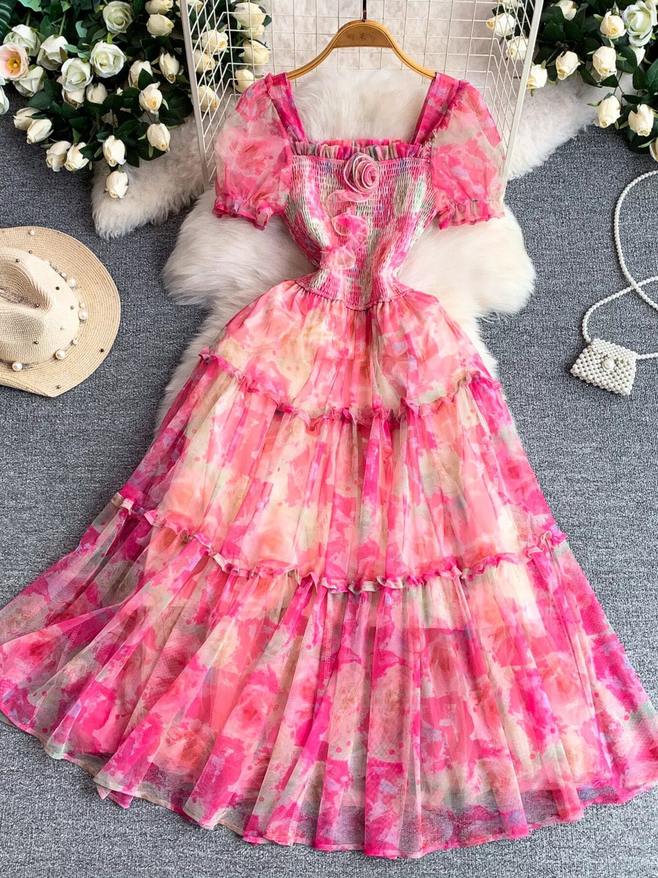 Smocked Floral Tiered Mesh Midi Dress