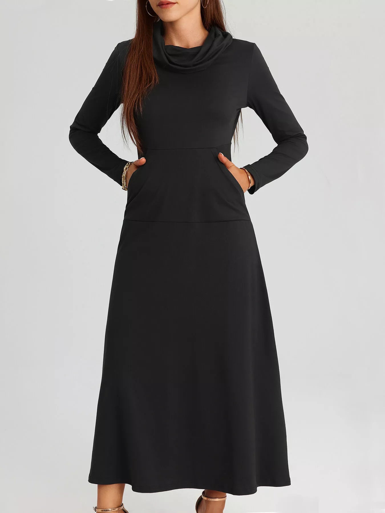 Cowl Neck Long Sleeve Midi Dress