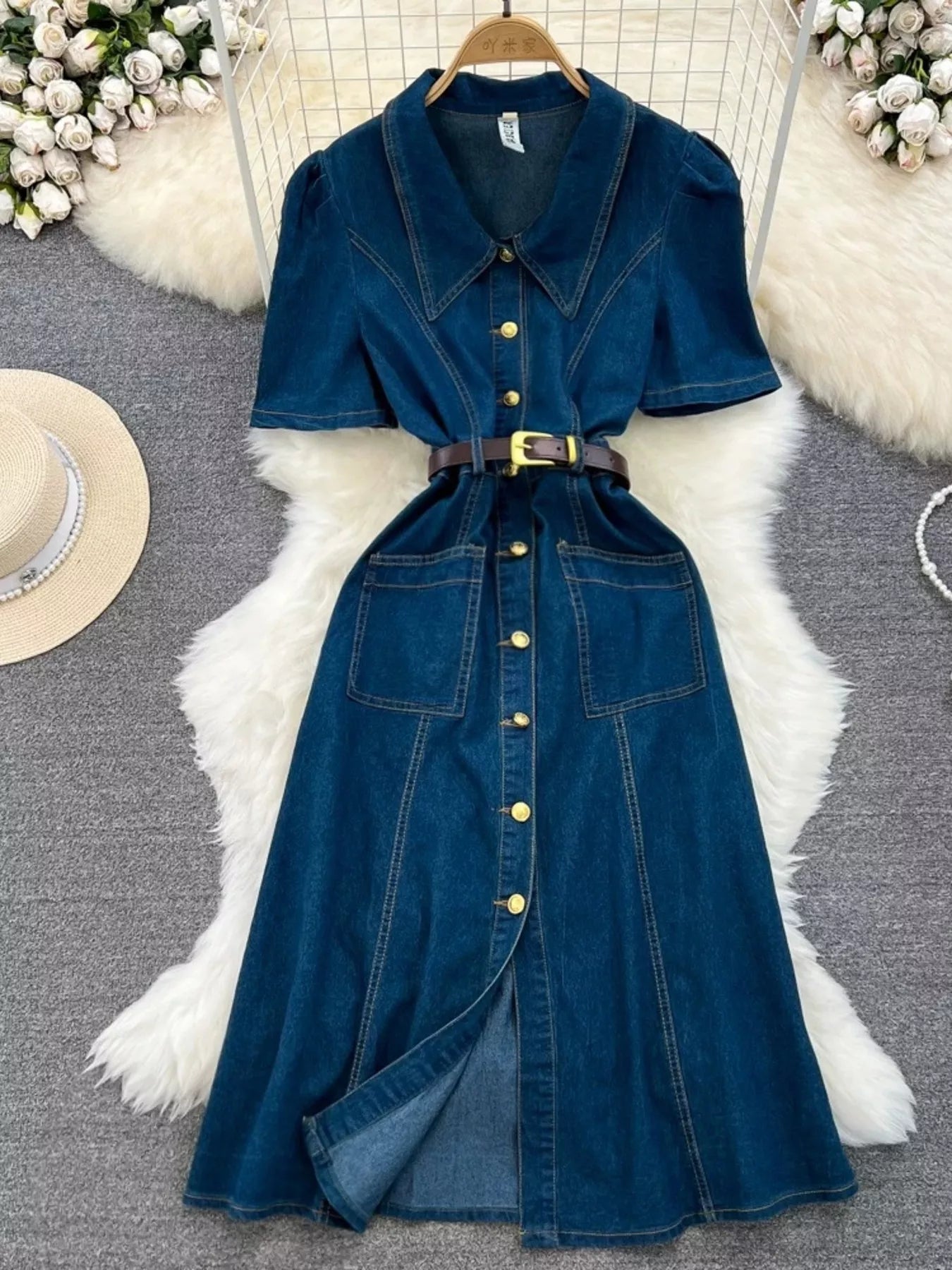 Button Front Short Sleeve Denim Dress