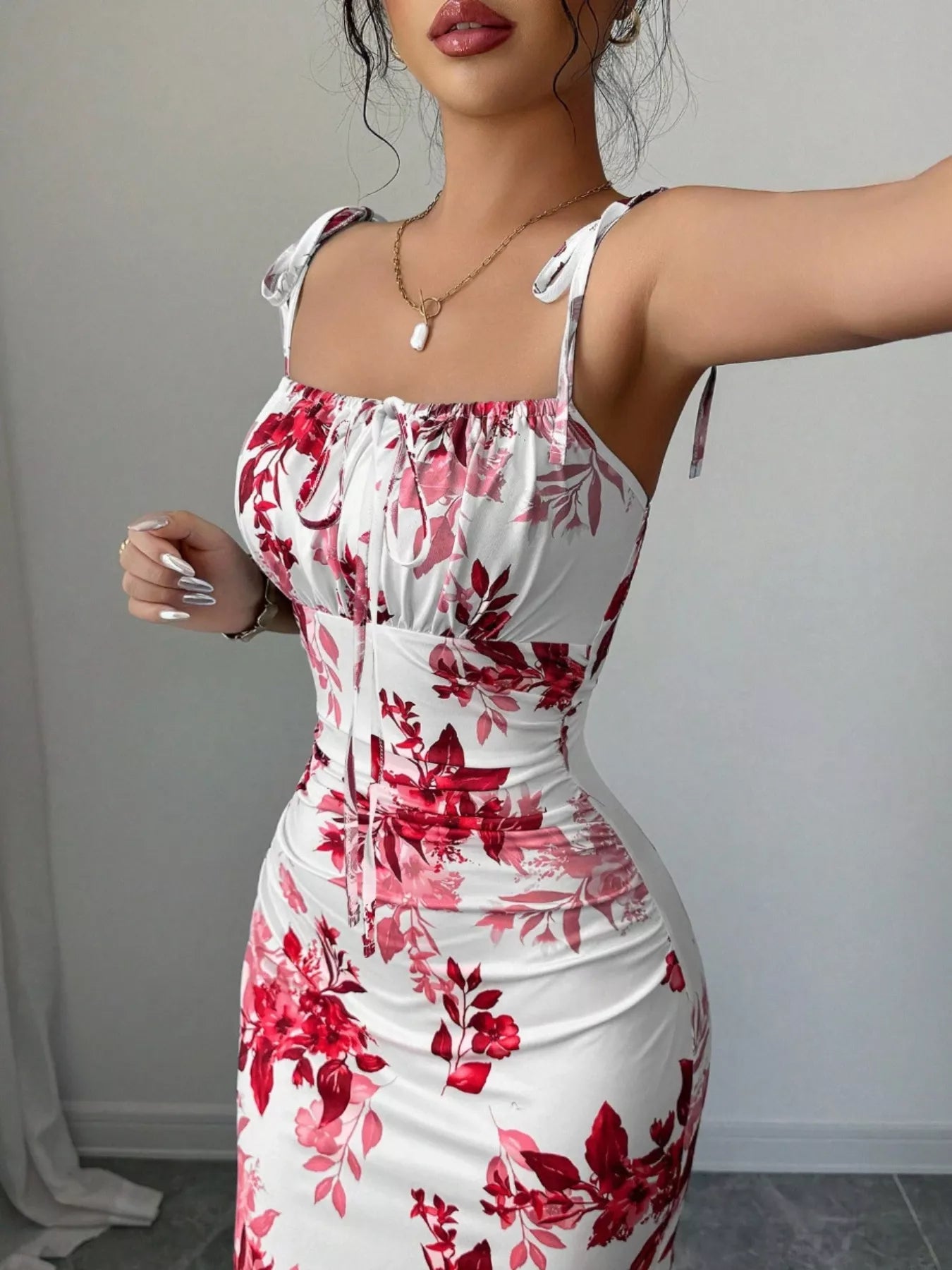 Printed Tie Strap Slit Maxi Dress