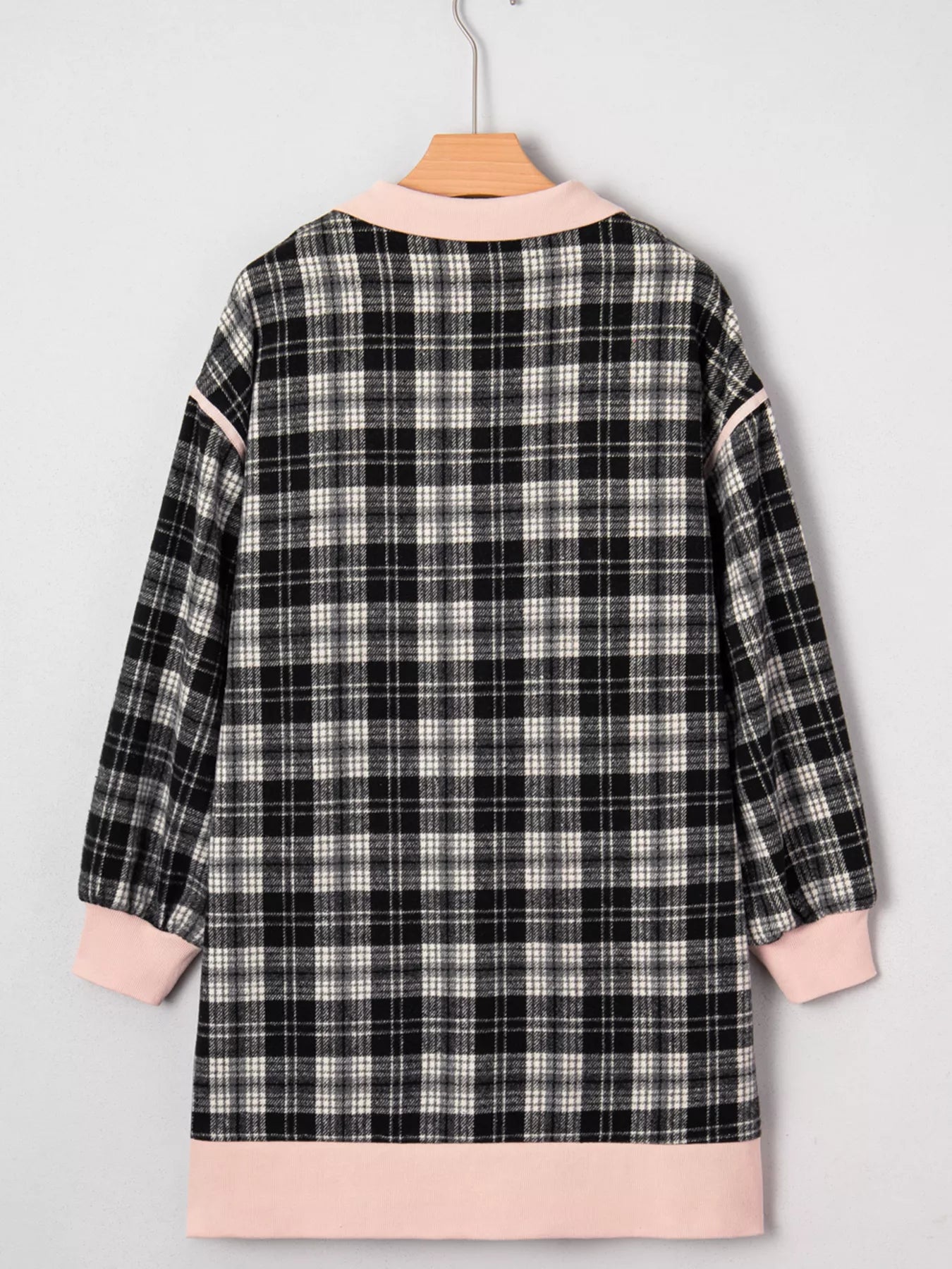 Plaid Polo Collar Zip up Contrast Trim Shift Long Sleeve Mini Dress