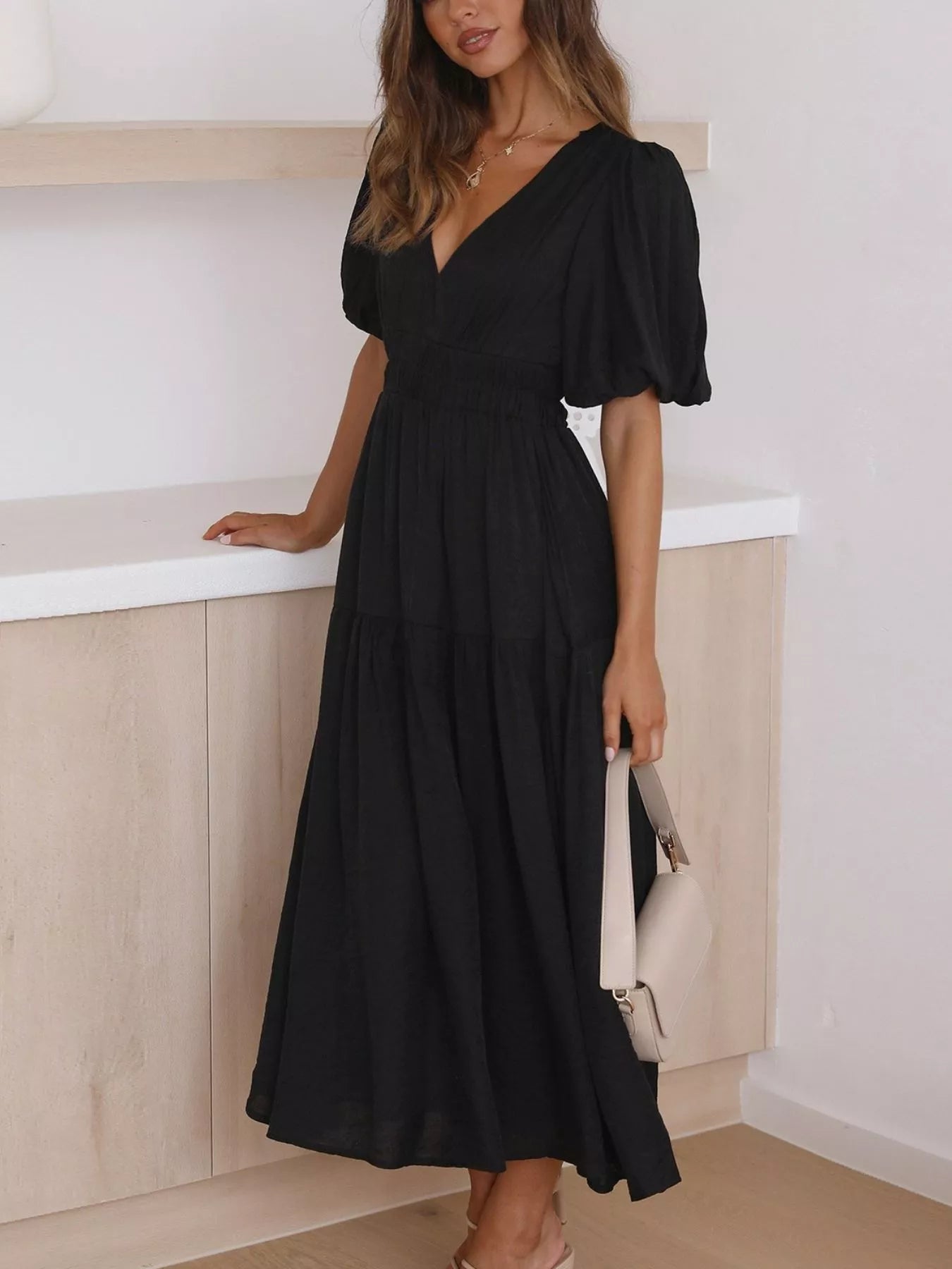 V-Neck Puff Sleeve Midi Dress